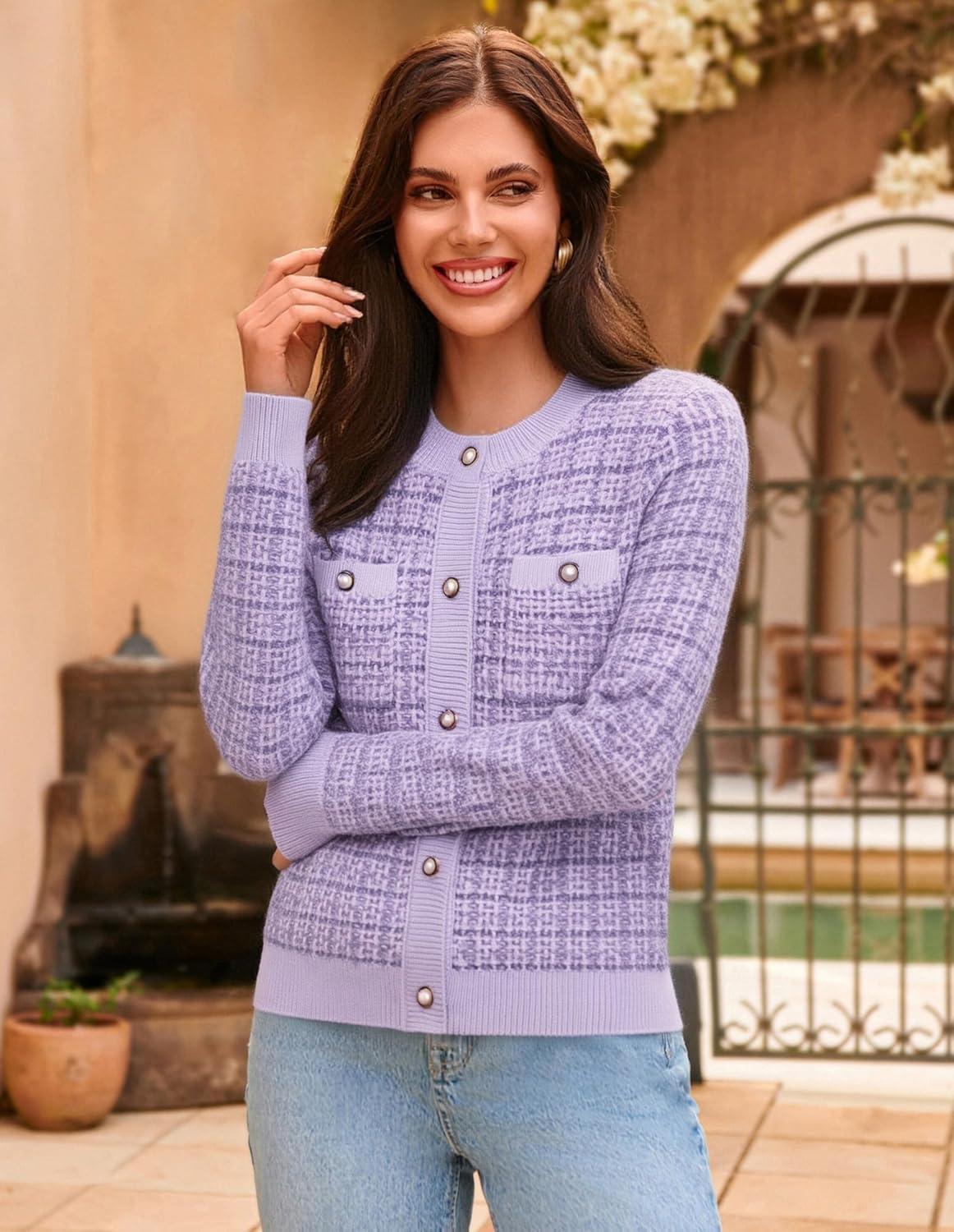 imageGRACE KARIN Womens Open Front Button Down Long Sleeve Texture Knit Cardigan Sweaters with PocketsLilac
