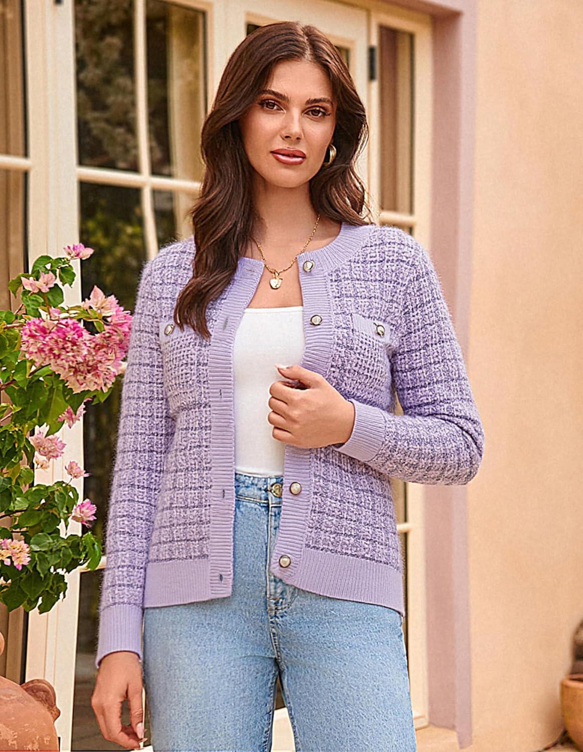 imageGRACE KARIN Womens Open Front Button Down Long Sleeve Texture Knit Cardigan Sweaters with PocketsLilac