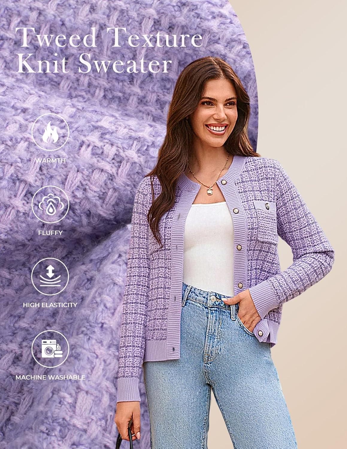 imageGRACE KARIN Womens Open Front Button Down Long Sleeve Texture Knit Cardigan Sweaters with PocketsLilac