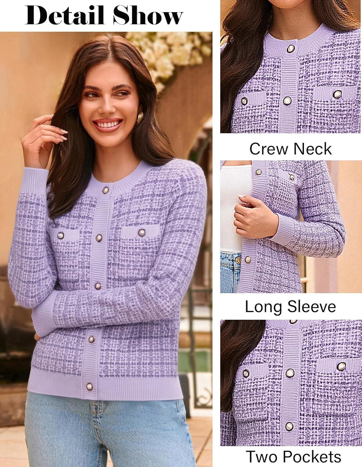 imageGRACE KARIN Womens Open Front Button Down Long Sleeve Texture Knit Cardigan Sweaters with PocketsLilac