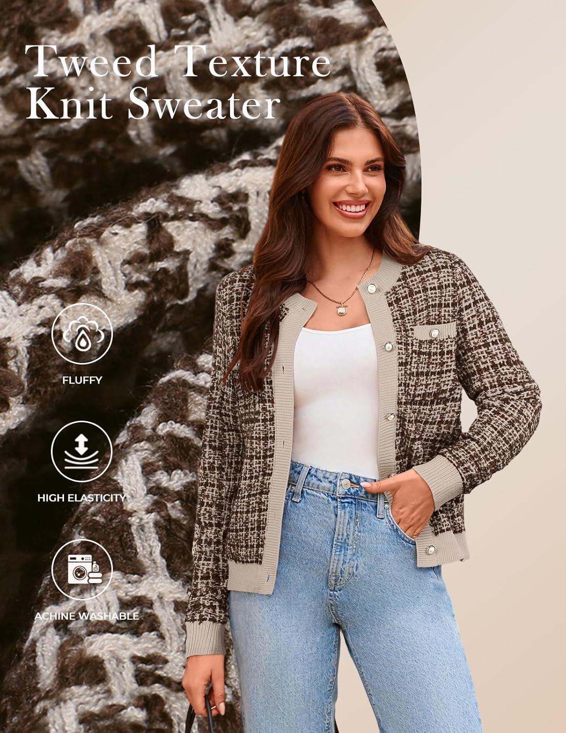 imageGRACE KARIN Womens Open Front Button Down Long Sleeve Texture Knit Cardigan Sweaters with PocketsMix Brown