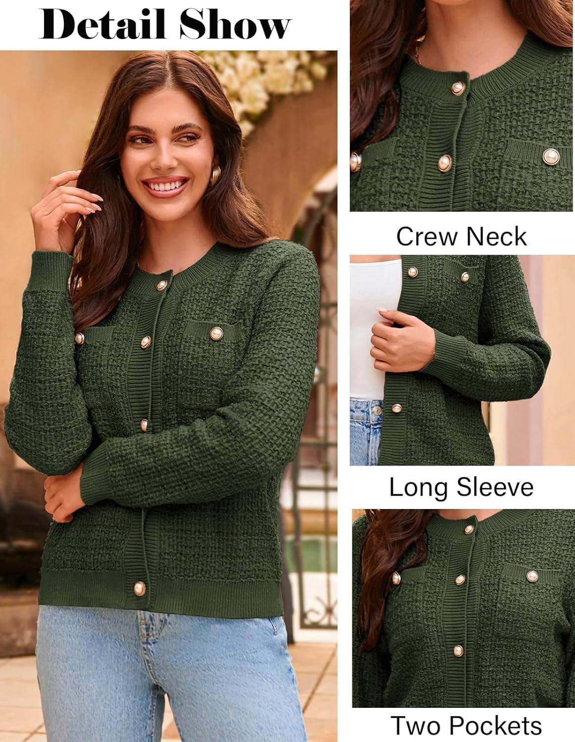 imageGRACE KARIN Womens Open Front Button Down Long Sleeve Texture Knit Cardigan Sweaters with PocketsOlive Green