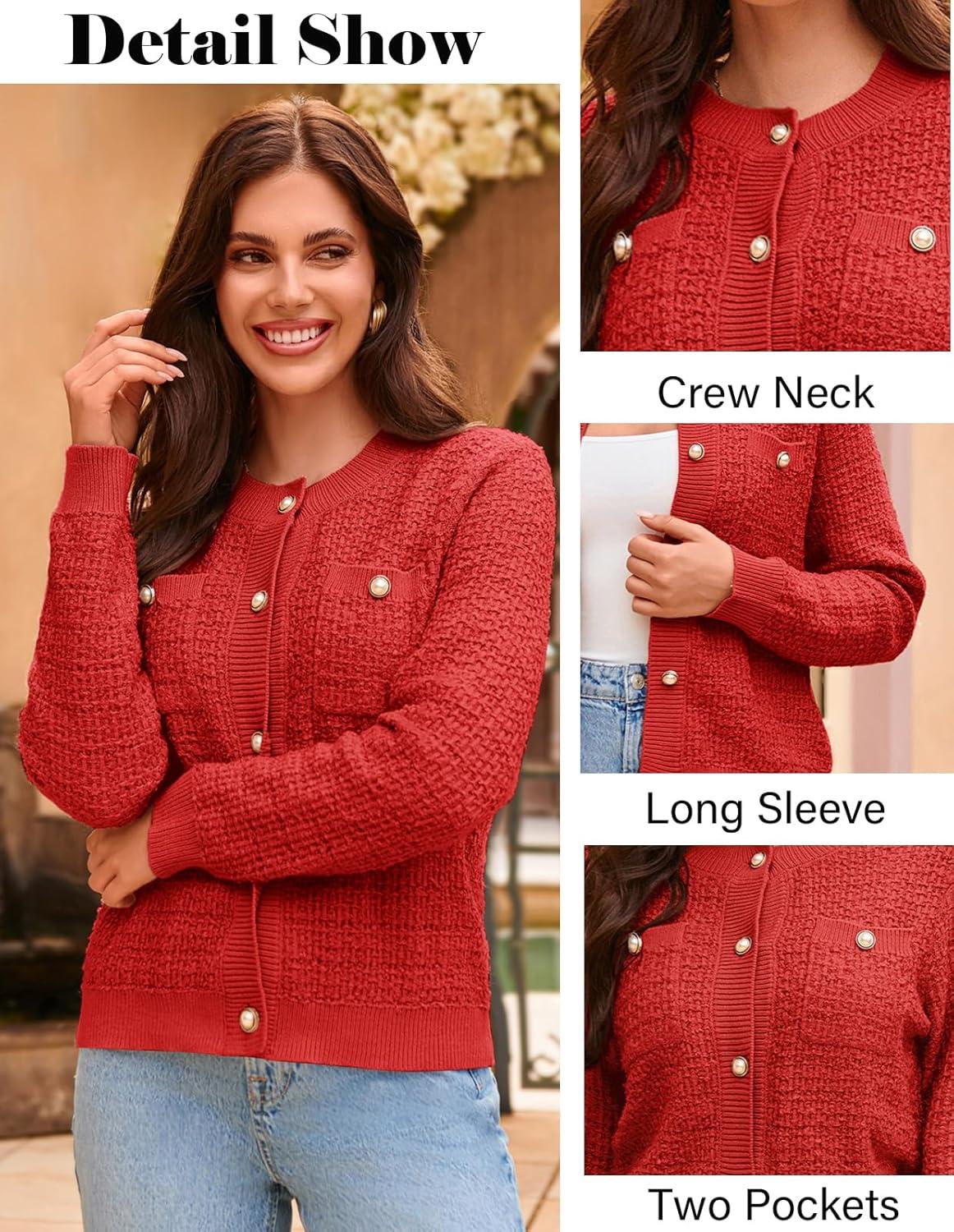 imageGRACE KARIN Womens Open Front Button Down Long Sleeve Texture Knit Cardigan Sweaters with PocketsRed
