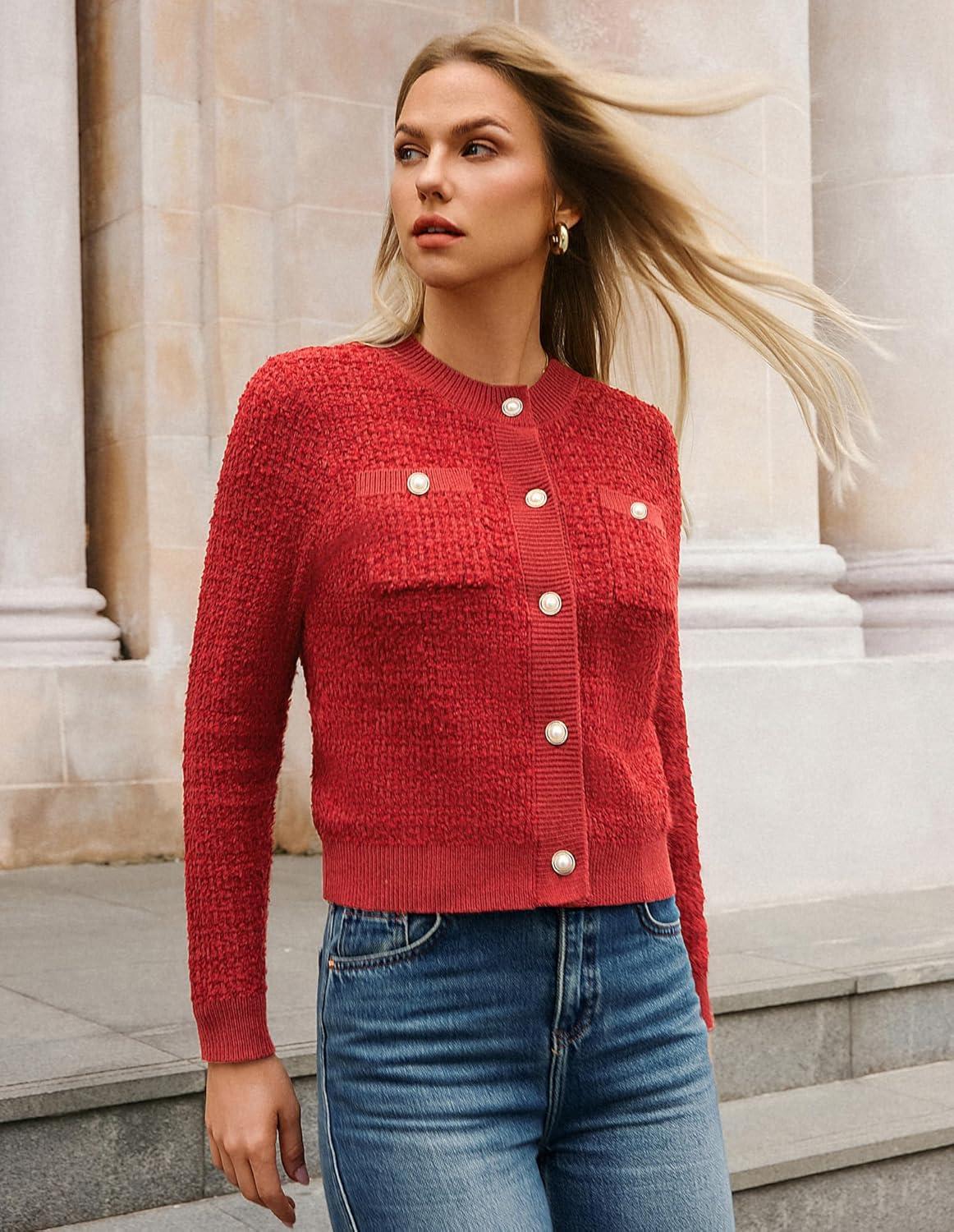 imageGRACE KARIN Womens Open Front Button Down Long Sleeve Texture Knit Cardigan Sweaters with PocketsRed