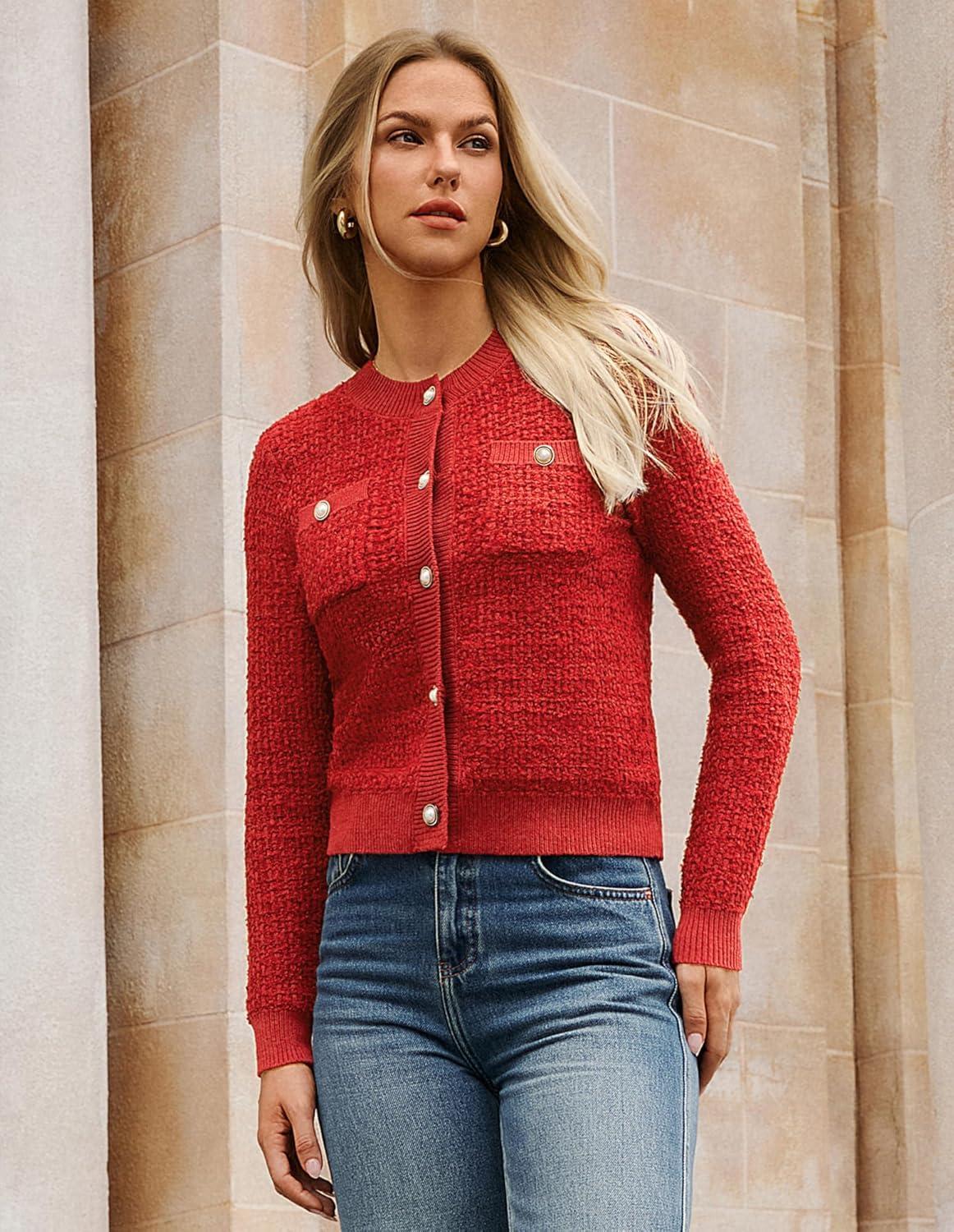 imageGRACE KARIN Womens Open Front Button Down Long Sleeve Texture Knit Cardigan Sweaters with PocketsRed
