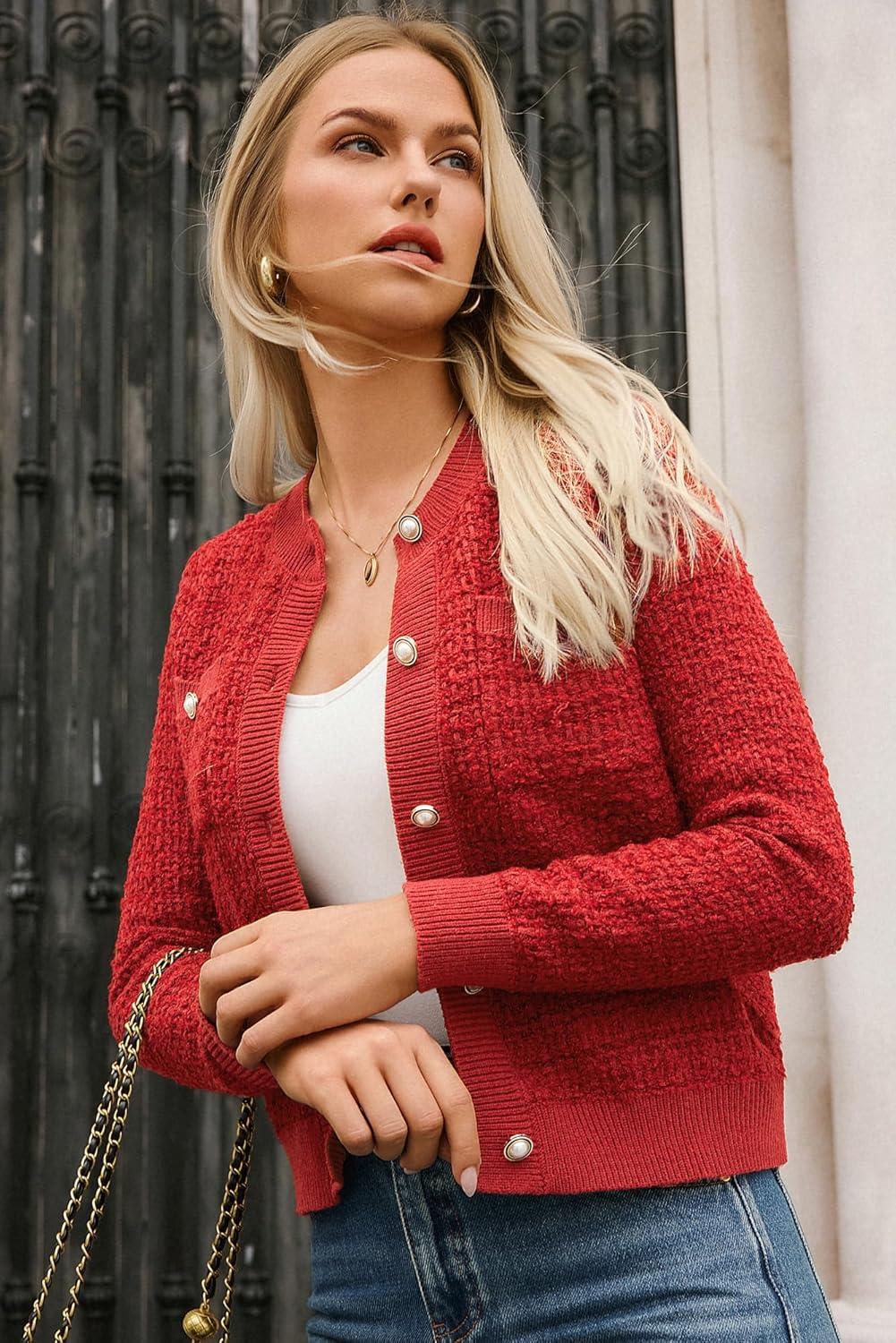 imageGRACE KARIN Womens Open Front Button Down Long Sleeve Texture Knit Cardigan Sweaters with PocketsRed