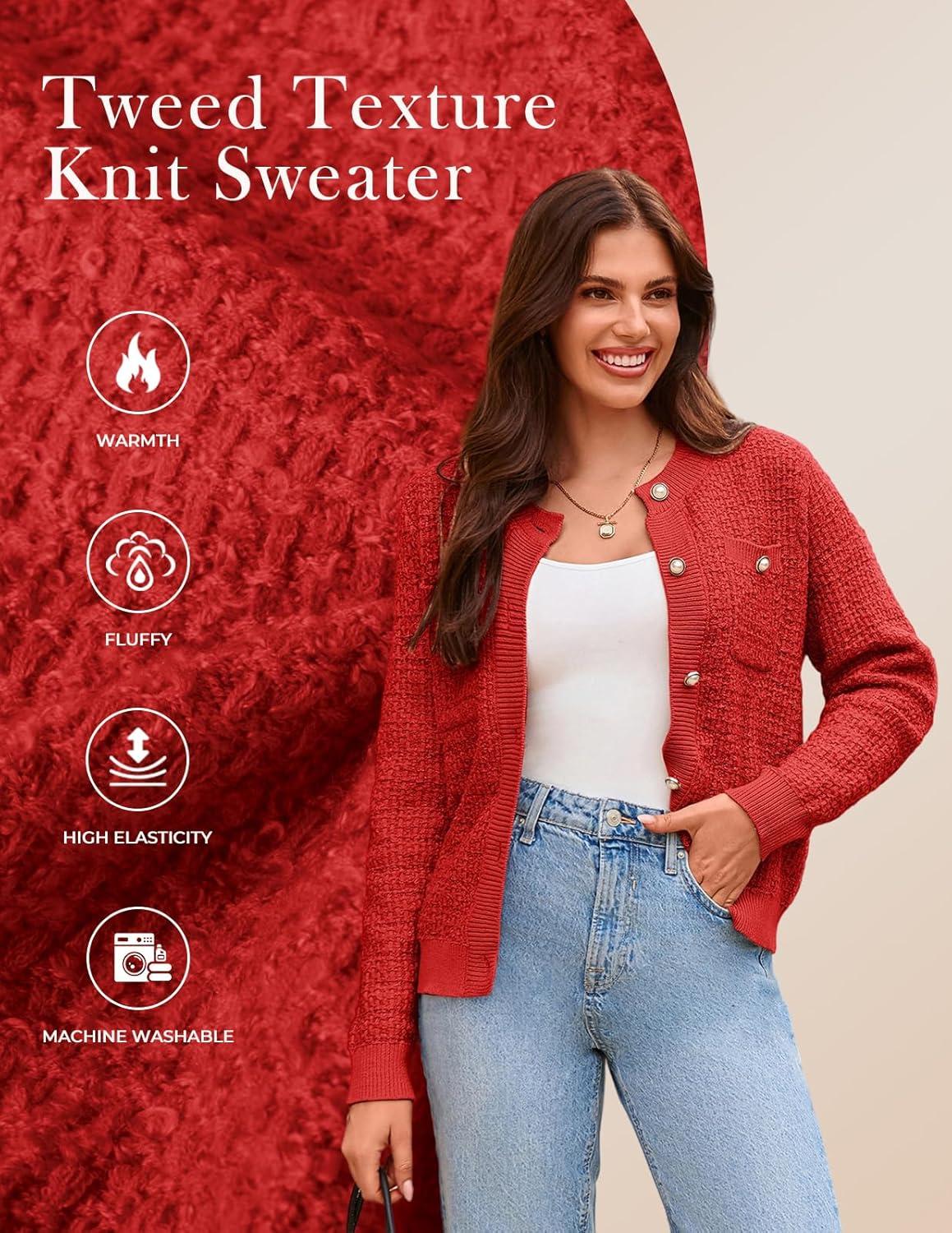 imageGRACE KARIN Womens Open Front Button Down Long Sleeve Texture Knit Cardigan Sweaters with PocketsRed