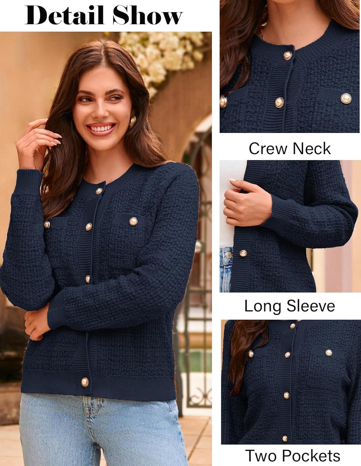 imageGRACE KARIN Womens Open Front Button Down Long Sleeve Texture Knit Cardigan Sweaters with PocketsRoyal Blue