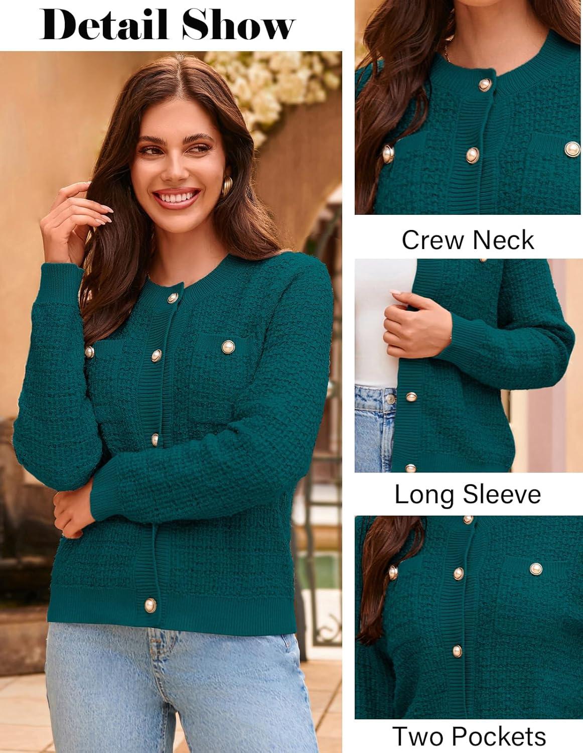 imageGRACE KARIN Womens Open Front Button Down Long Sleeve Texture Knit Cardigan Sweaters with PocketsTeal
