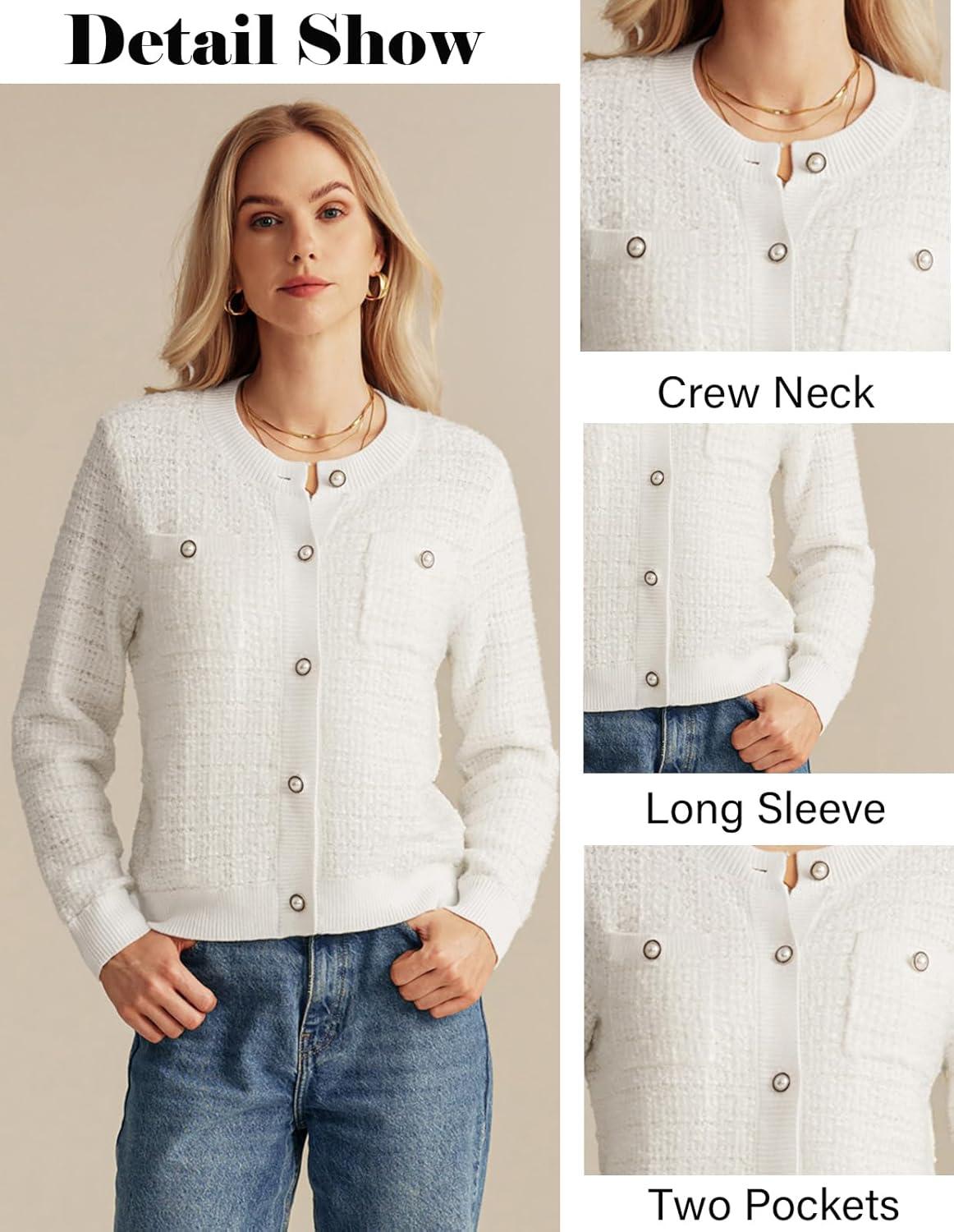 imageGRACE KARIN Womens Open Front Button Down Long Sleeve Texture Knit Cardigan Sweaters with PocketsWhite