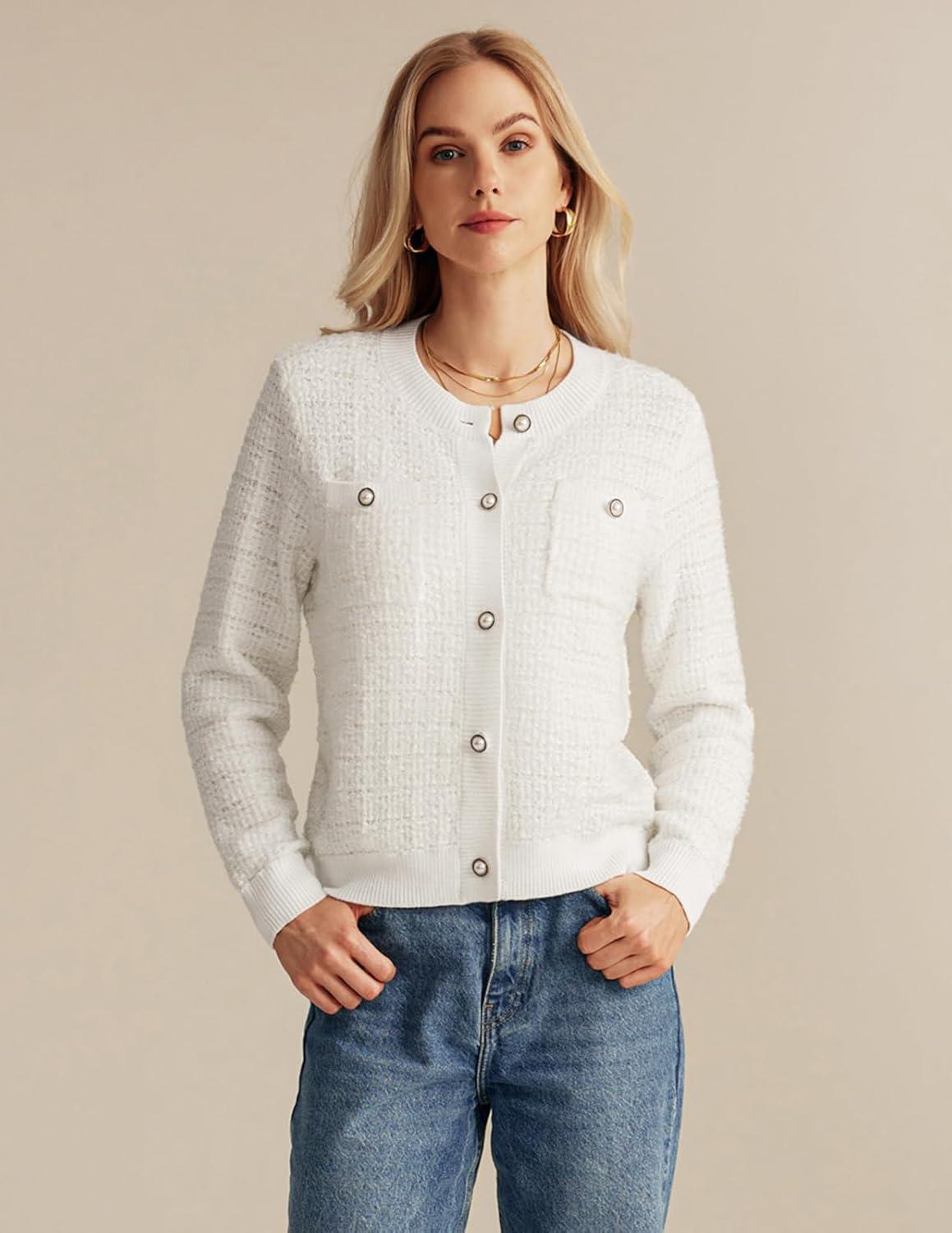 imageGRACE KARIN Womens Open Front Button Down Long Sleeve Texture Knit Cardigan Sweaters with PocketsWhite