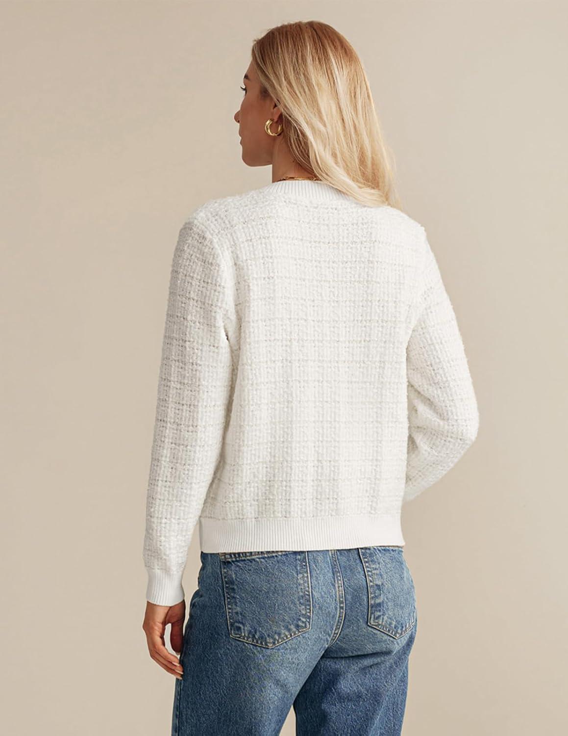 imageGRACE KARIN Womens Open Front Button Down Long Sleeve Texture Knit Cardigan Sweaters with PocketsWhite