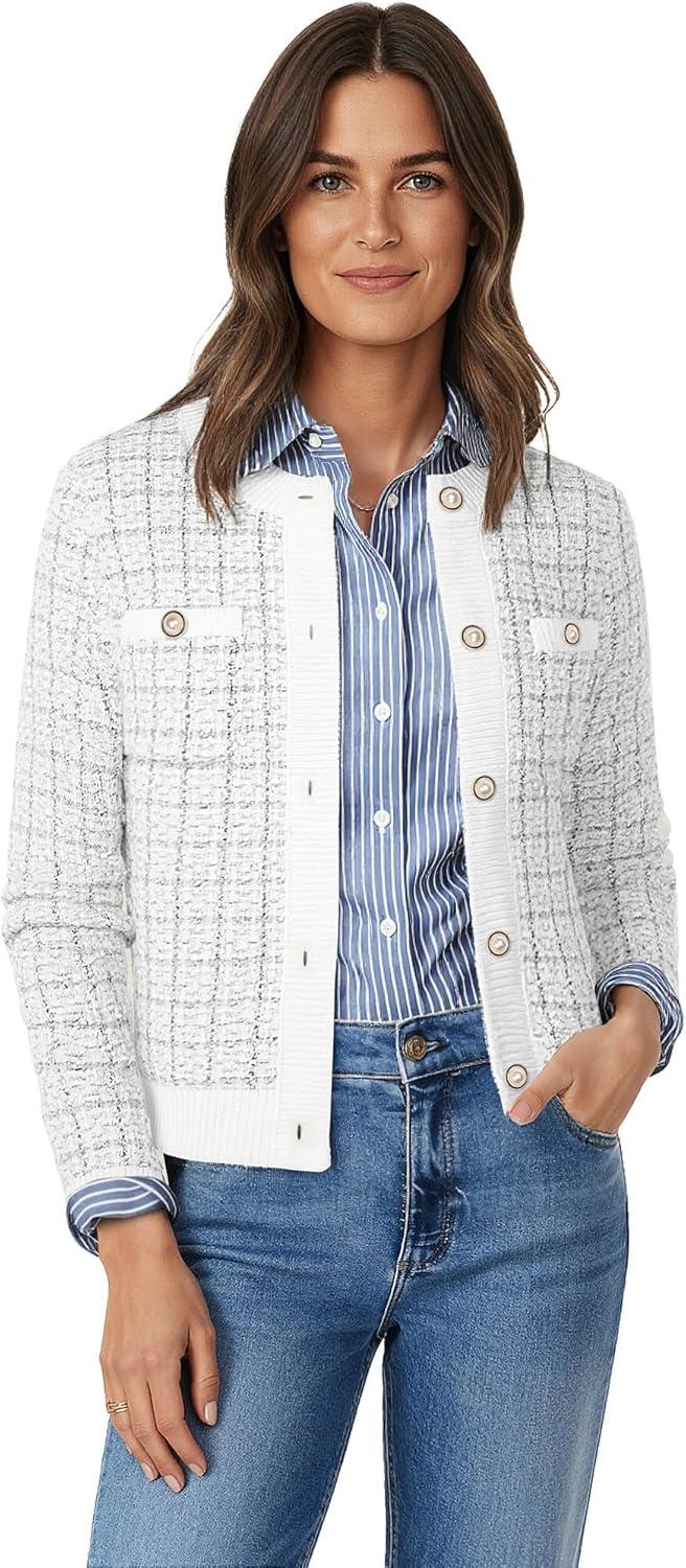 imageGRACE KARIN Womens Open Front Button Down Long Sleeve Texture Knit Cardigan Sweaters with PocketsWhite Black