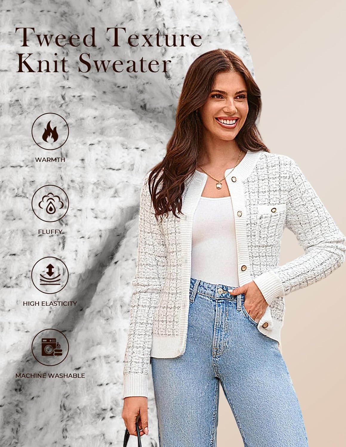 imageGRACE KARIN Womens Open Front Button Down Long Sleeve Texture Knit Cardigan Sweaters with PocketsWhite Black