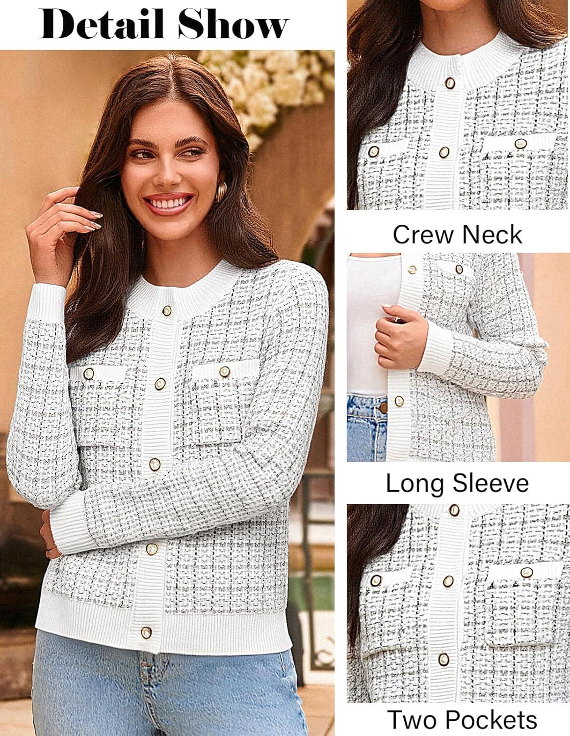 imageGRACE KARIN Womens Open Front Button Down Long Sleeve Texture Knit Cardigan Sweaters with PocketsWhite Black
