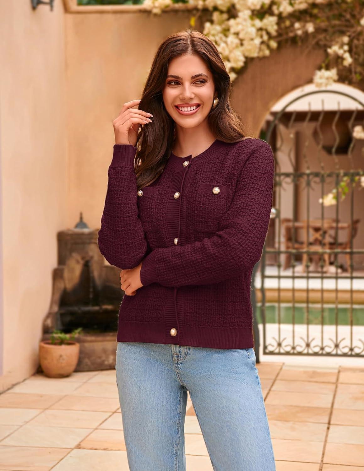 imageGRACE KARIN Womens Open Front Button Down Long Sleeve Texture Knit Cardigan Sweaters with PocketsWine Red