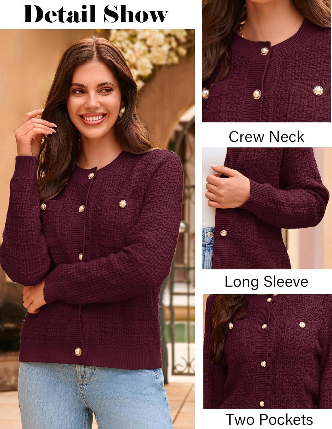 imageGRACE KARIN Womens Open Front Button Down Long Sleeve Texture Knit Cardigan Sweaters with PocketsWine Red