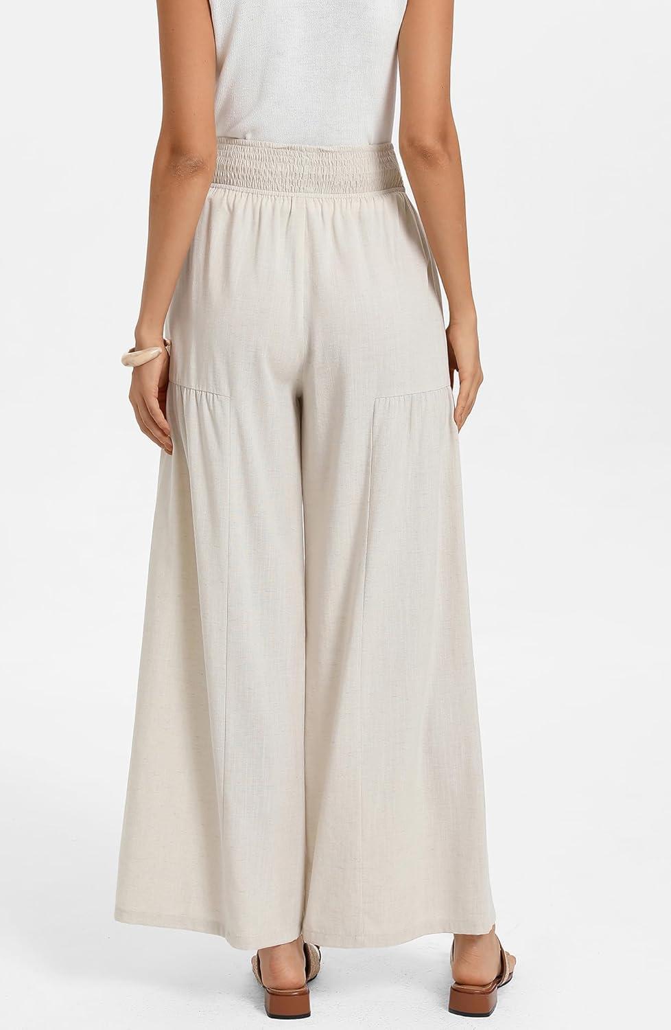imageGRACE KARIN Womens Palazzo Pants Summer High Waist Boho Wide Leg Casual Flowy Pants Beach Vacation Outfits with PocketsApricot