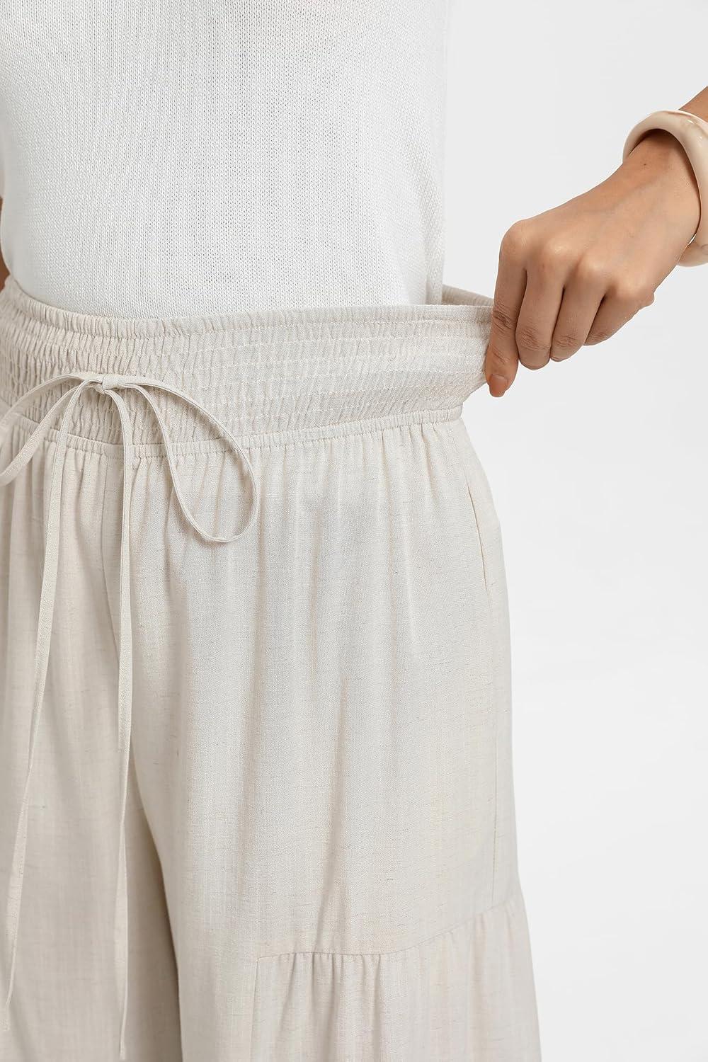 imageGRACE KARIN Womens Palazzo Pants Summer High Waist Boho Wide Leg Casual Flowy Pants Beach Vacation Outfits with PocketsApricot