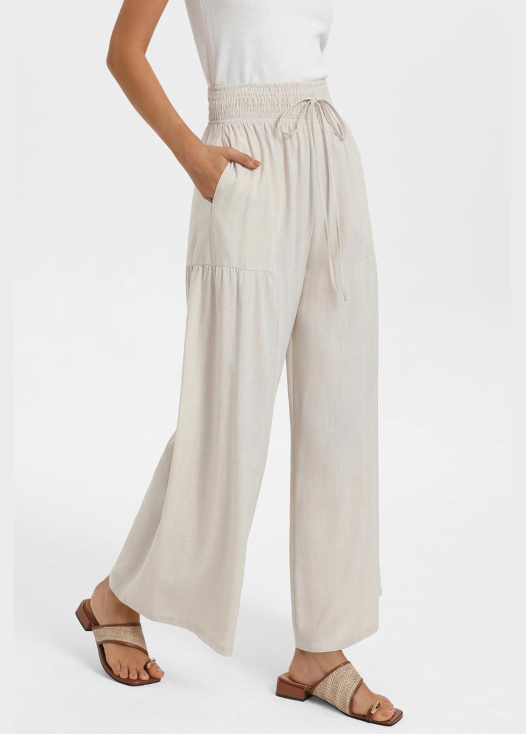 imageGRACE KARIN Womens Palazzo Pants Summer High Waist Boho Wide Leg Casual Flowy Pants Beach Vacation Outfits with PocketsApricot