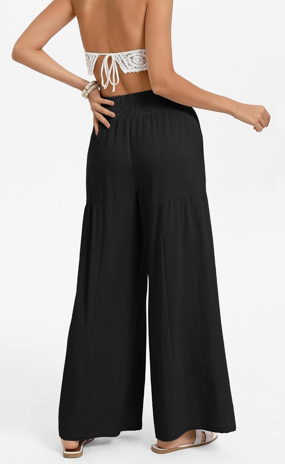 imageGRACE KARIN Womens Palazzo Pants Summer High Waist Boho Wide Leg Casual Flowy Pants Beach Vacation Outfits with PocketsBlack