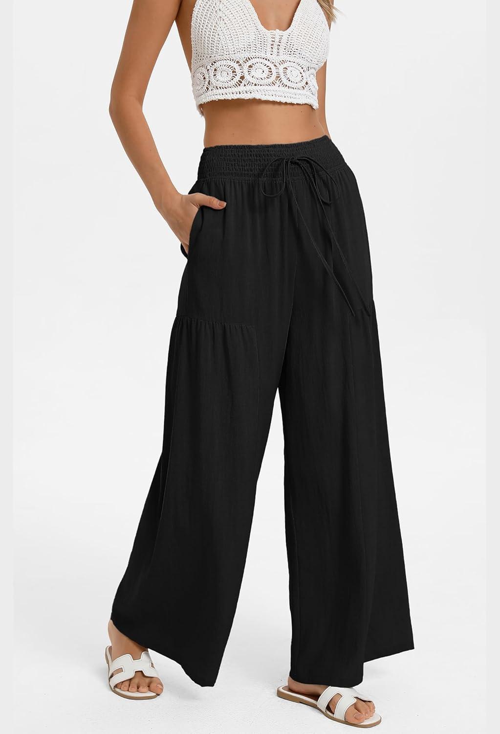 imageGRACE KARIN Womens Palazzo Pants Summer High Waist Boho Wide Leg Casual Flowy Pants Beach Vacation Outfits with PocketsBlack