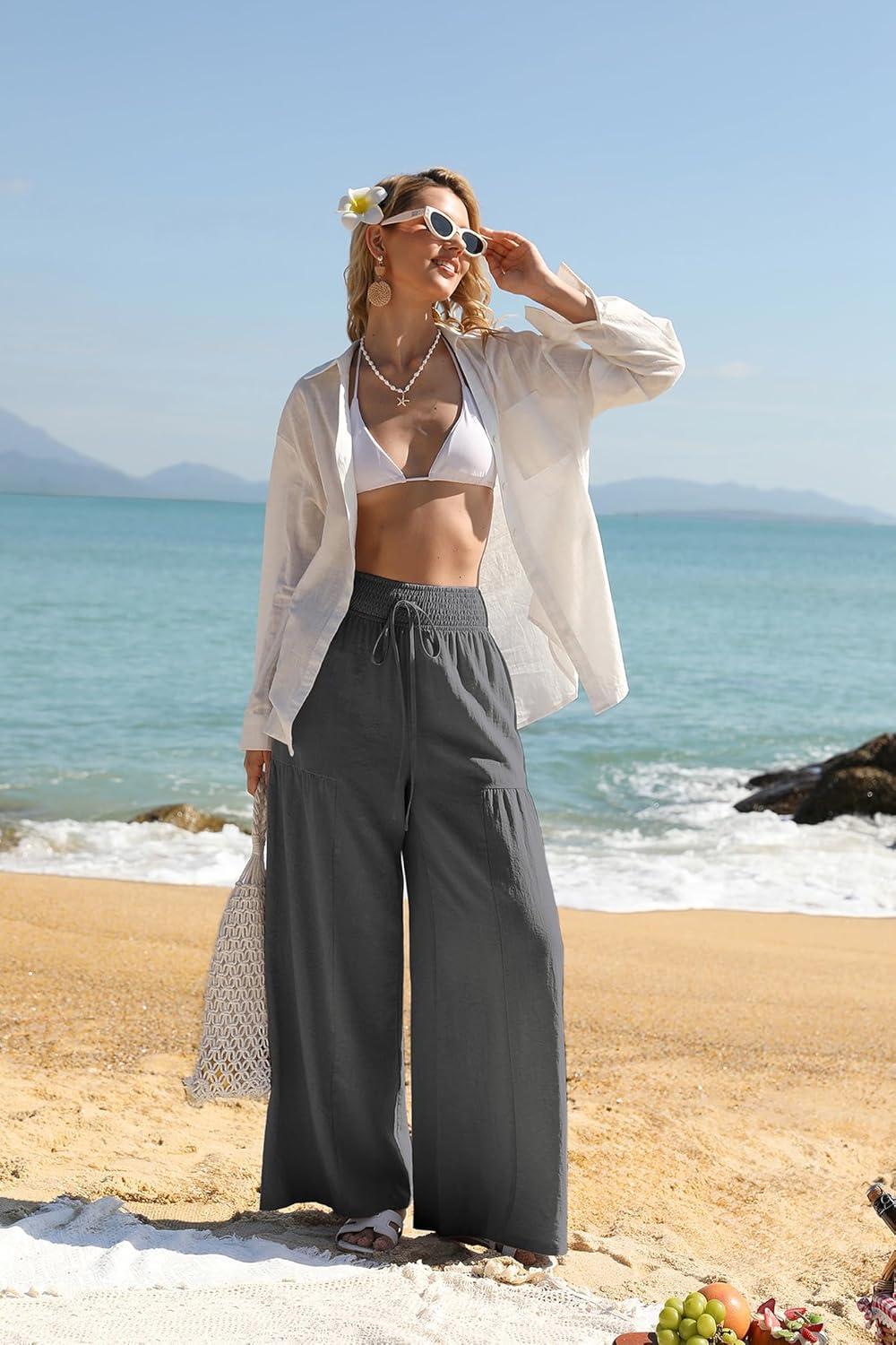 imageGRACE KARIN Womens Palazzo Pants Summer High Waist Boho Wide Leg Casual Flowy Pants Beach Vacation Outfits with PocketsGrey