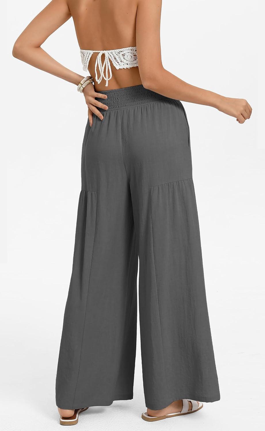 imageGRACE KARIN Womens Palazzo Pants Summer High Waist Boho Wide Leg Casual Flowy Pants Beach Vacation Outfits with PocketsGrey