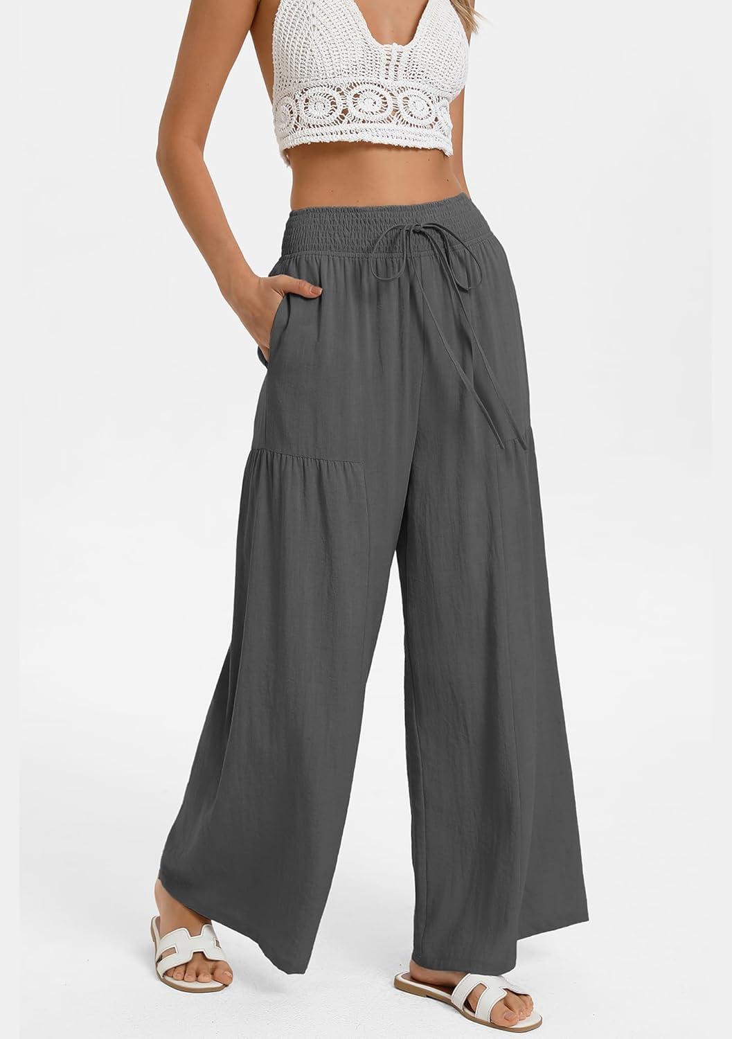 imageGRACE KARIN Womens Palazzo Pants Summer High Waist Boho Wide Leg Casual Flowy Pants Beach Vacation Outfits with PocketsGrey