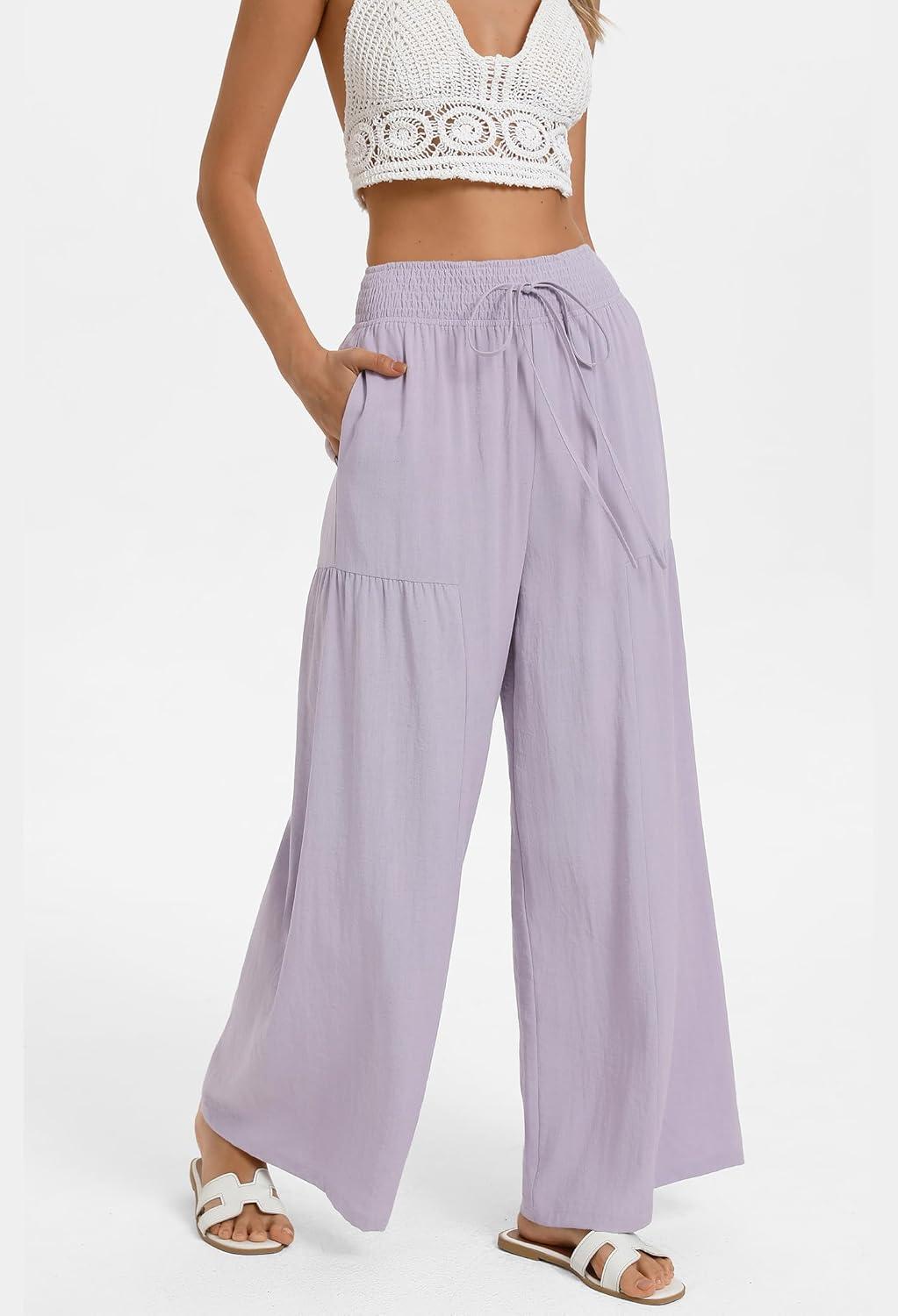 imageGRACE KARIN Womens Palazzo Pants Summer High Waist Boho Wide Leg Casual Flowy Pants Beach Vacation Outfits with PocketsPurple