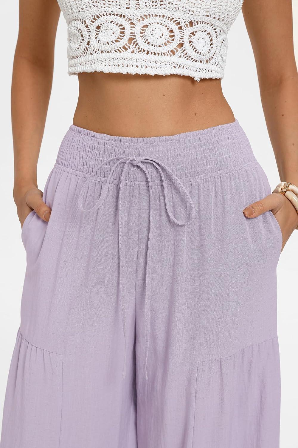 imageGRACE KARIN Womens Palazzo Pants Summer High Waist Boho Wide Leg Casual Flowy Pants Beach Vacation Outfits with PocketsPurple