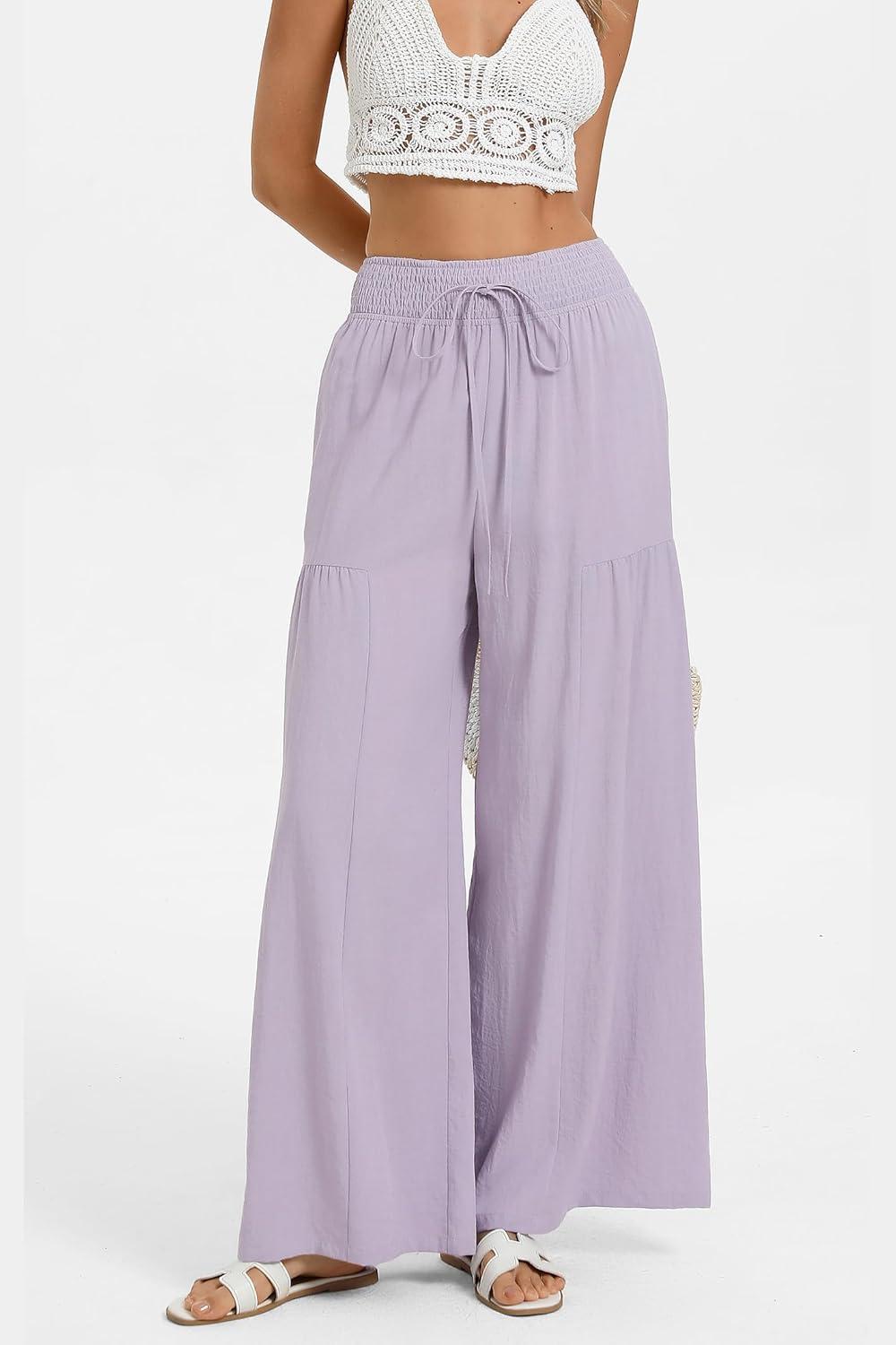 imageGRACE KARIN Womens Palazzo Pants Summer High Waist Boho Wide Leg Casual Flowy Pants Beach Vacation Outfits with PocketsPurple