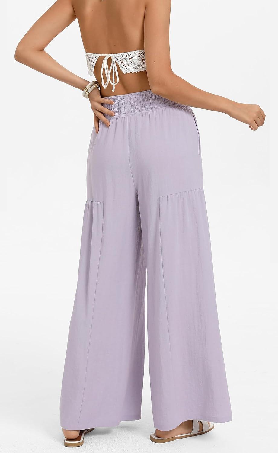 imageGRACE KARIN Womens Palazzo Pants Summer High Waist Boho Wide Leg Casual Flowy Pants Beach Vacation Outfits with PocketsPurple