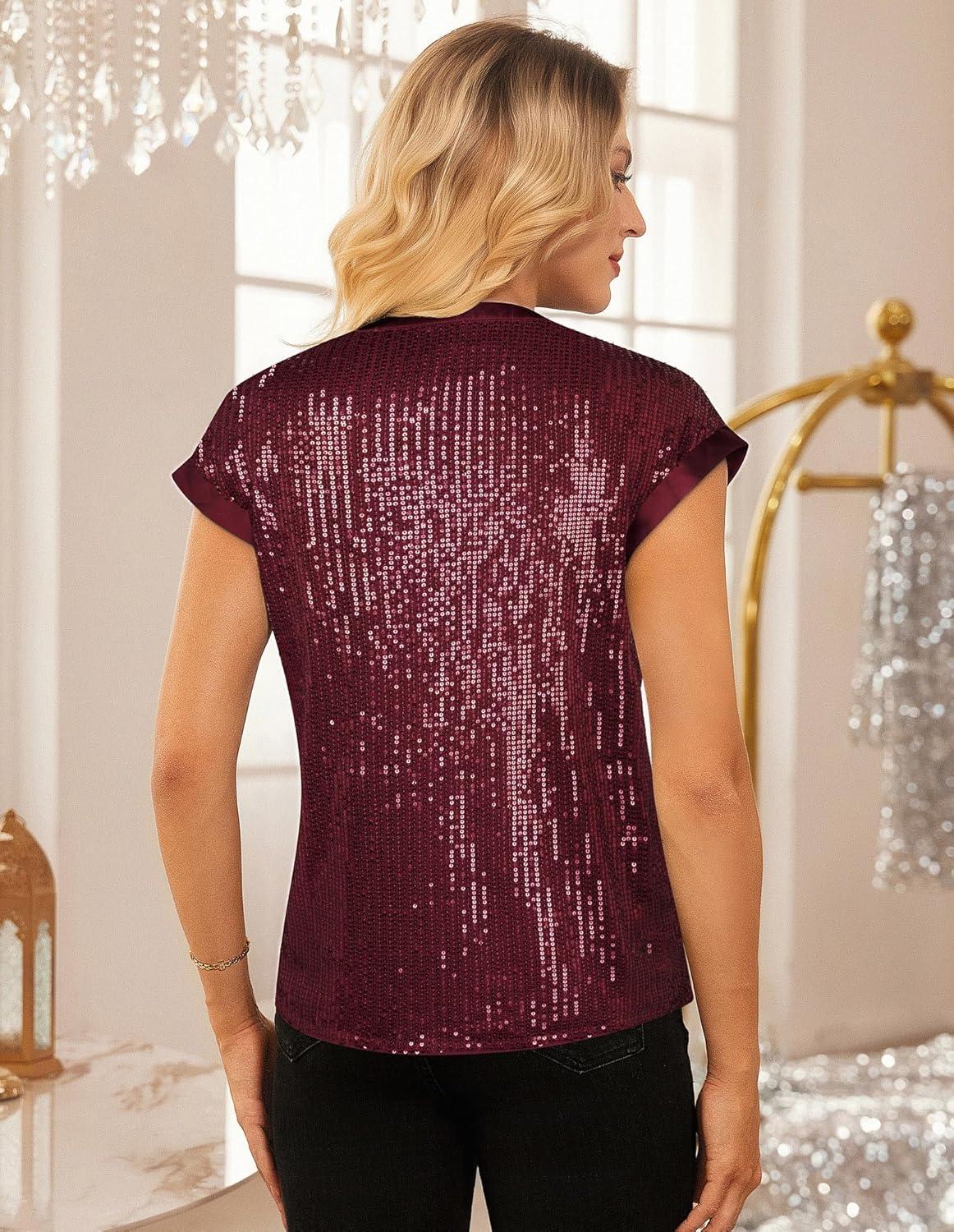 imageGRACE KARIN Womens Sequin Sparkly Tops Cap Sleeve Dressy Blouses Glitter Party Tops V Neck Disco Shirts Club Concert OutfitsBurgundy