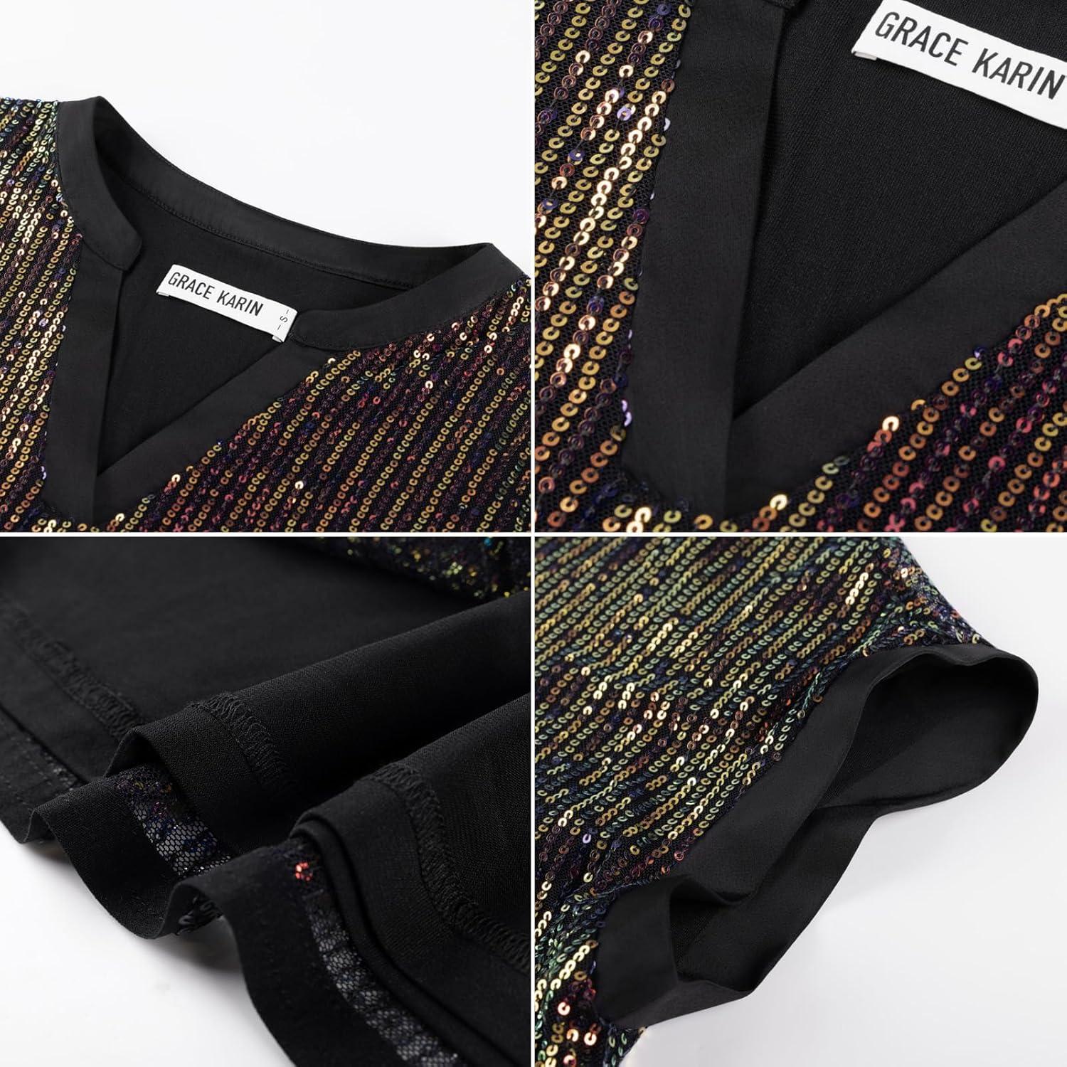 imageGRACE KARIN Womens Sequin Sparkly Tops Cap Sleeve Dressy Blouses Glitter Party Tops V Neck Disco Shirts Club Concert OutfitsDazzling Black