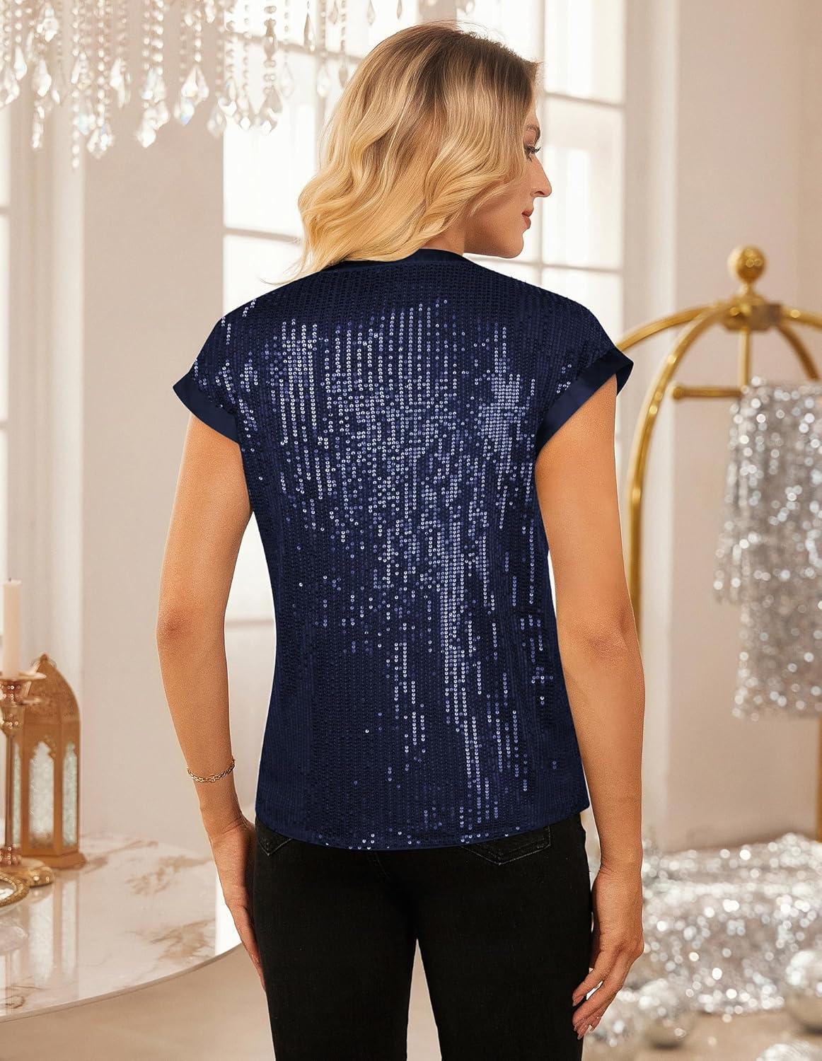 imageGRACE KARIN Womens Sequin Sparkly Tops Cap Sleeve Dressy Blouses Glitter Party Tops V Neck Disco Shirts Club Concert OutfitsNavy Blue