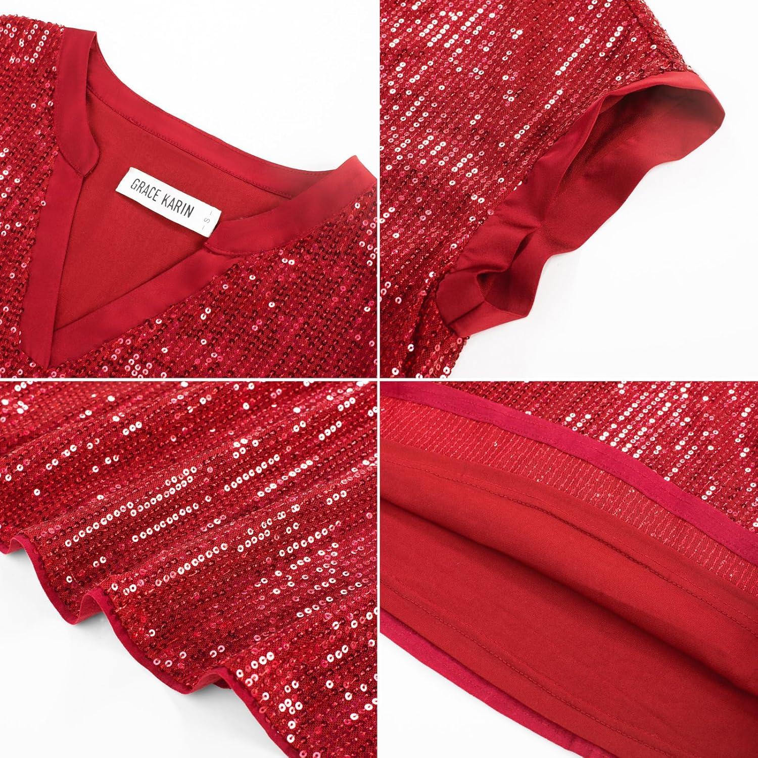 imageGRACE KARIN Womens Sequin Sparkly Tops Cap Sleeve Dressy Blouses Glitter Party Tops V Neck Disco Shirts Club Concert OutfitsRed