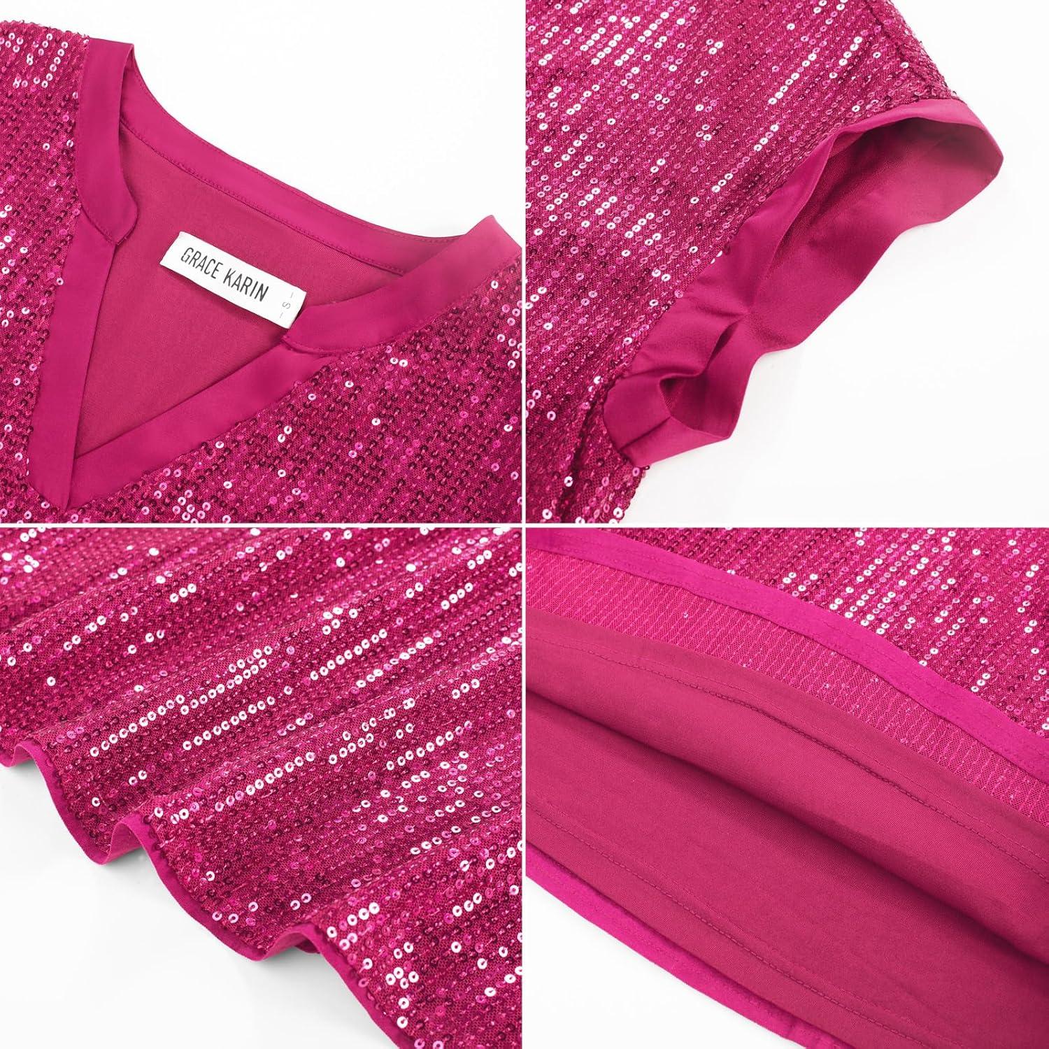 imageGRACE KARIN Womens Sequin Sparkly Tops Cap Sleeve Dressy Blouses Glitter Party Tops V Neck Disco Shirts Club Concert OutfitsRose Red