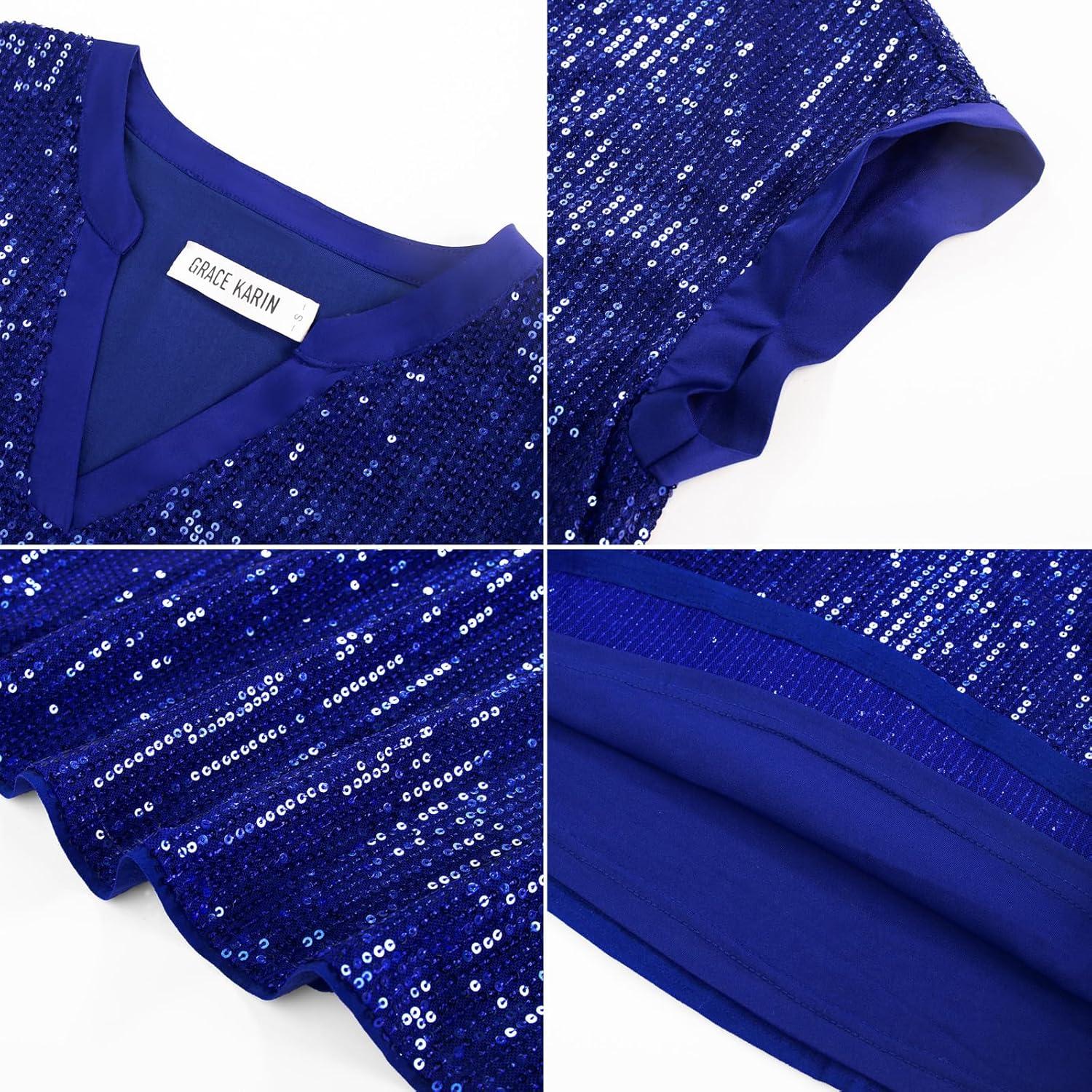 imageGRACE KARIN Womens Sequin Sparkly Tops Cap Sleeve Dressy Blouses Glitter Party Tops V Neck Disco Shirts Club Concert OutfitsRoyal Blue