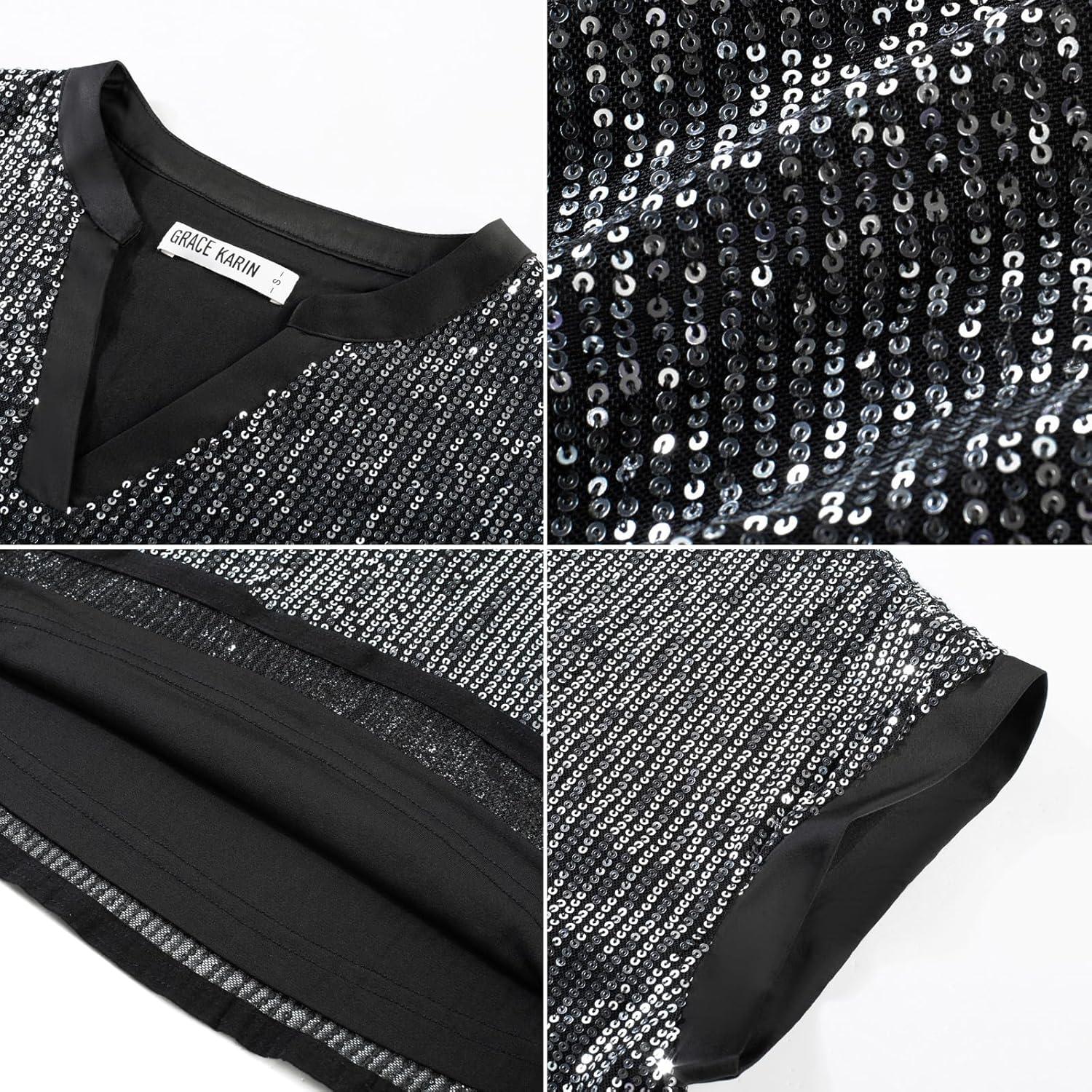 imageGRACE KARIN Womens Sequin Sparkly Tops Cap Sleeve Dressy Blouses Glitter Party Tops V Neck Disco Shirts Club Concert OutfitsSilver Black