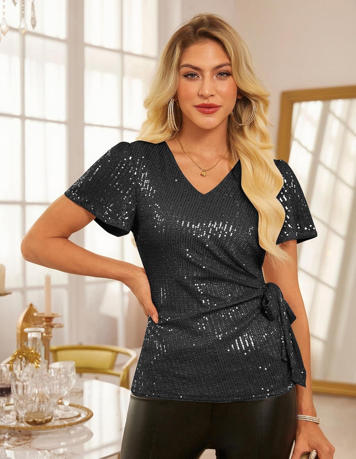 imageGRACE KARIN Womens Sequin Tops 2025 Ruffle Sleeve Sparkly Shirt Glitter Party Blouses Dressy Concert Disco OutfitsBlack