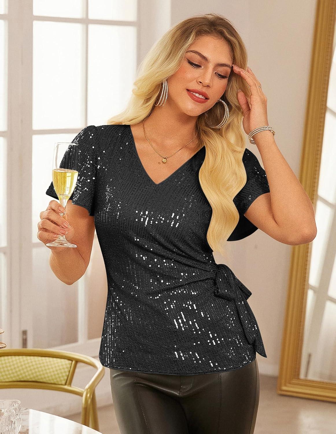imageGRACE KARIN Womens Sequin Tops 2025 Ruffle Sleeve Sparkly Shirt Glitter Party Blouses Dressy Concert Disco OutfitsBlack