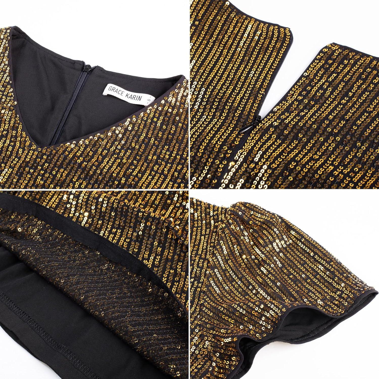 imageGRACE KARIN Womens Sequin Tops 2025 Ruffle Sleeve Sparkly Shirt Glitter Party Blouses Dressy Concert Disco OutfitsBlack Gold