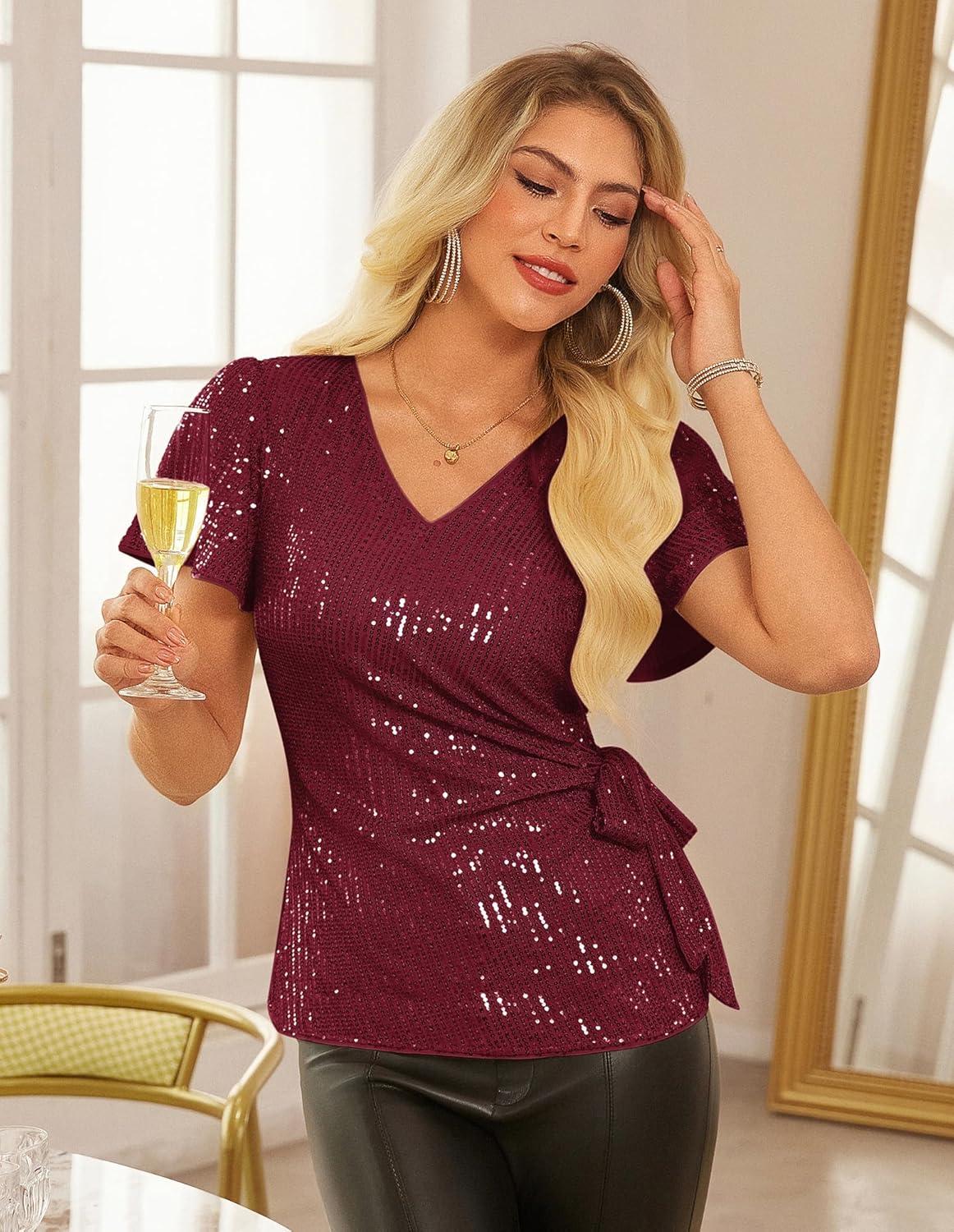 imageGRACE KARIN Womens Sequin Tops 2025 Ruffle Sleeve Sparkly Shirt Glitter Party Blouses Dressy Concert Disco OutfitsBurgundy