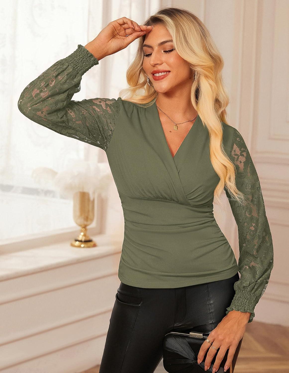 imageGRACE KARIN Womens Tops Dressy Casual Elegant Lace Sleeve Shirts Wrap Ruched Blouses 2026 Spring Fashion OutfitsArmy Green