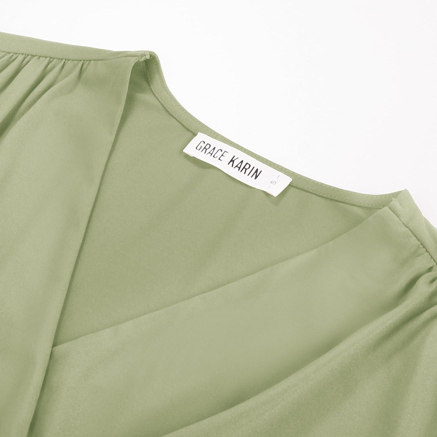 imageGRACE KARIN Womens Tops Dressy Casual Elegant Lace Sleeve Shirts Wrap Ruched Blouses 2026 Spring Fashion OutfitsBean Green