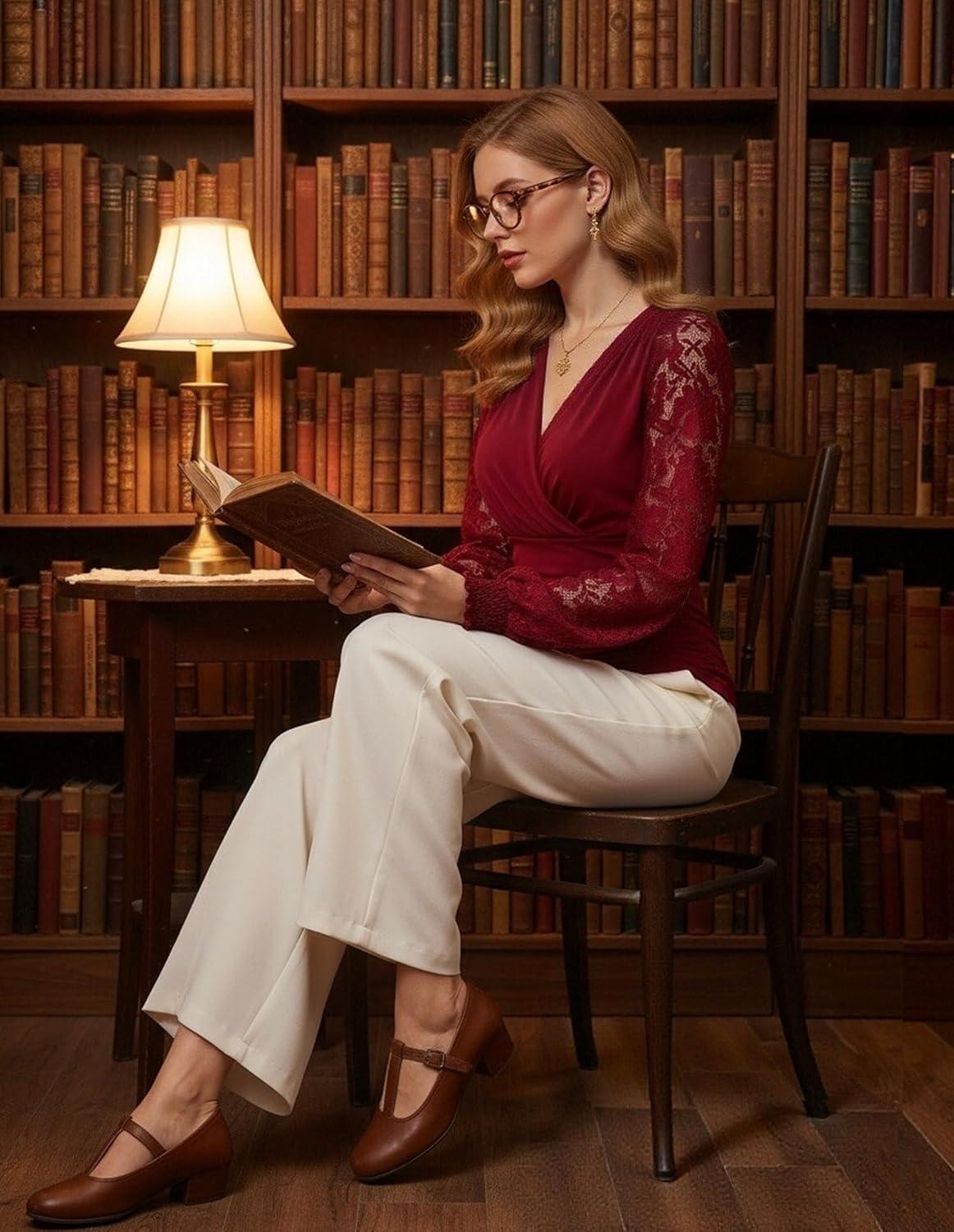 imageGRACE KARIN Womens Tops Dressy Casual Elegant Lace Sleeve Shirts Wrap Ruched Blouses 2026 Spring Fashion OutfitsBurgundy