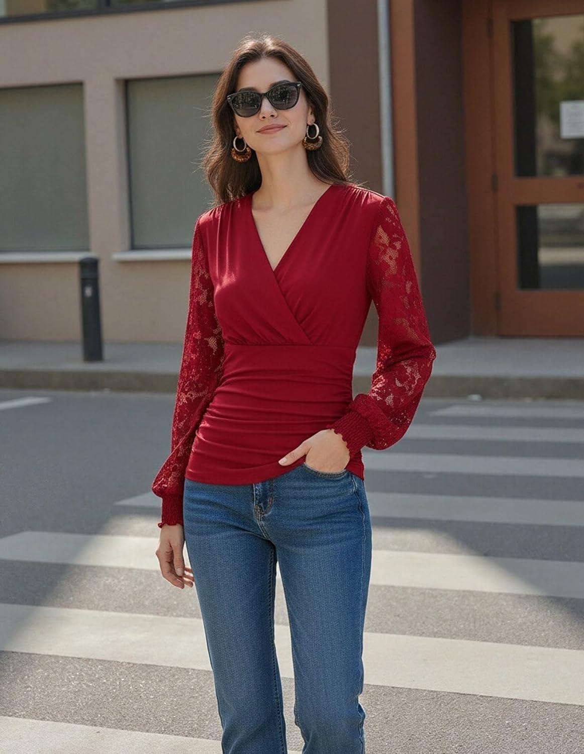 imageGRACE KARIN Womens Tops Dressy Casual Elegant Lace Sleeve Shirts Wrap Ruched Blouses 2026 Spring Fashion OutfitsBurgundy