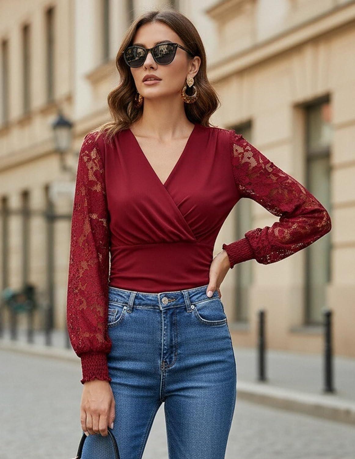 imageGRACE KARIN Womens Tops Dressy Casual Elegant Lace Sleeve Shirts Wrap Ruched Blouses 2026 Spring Fashion OutfitsBurgundy
