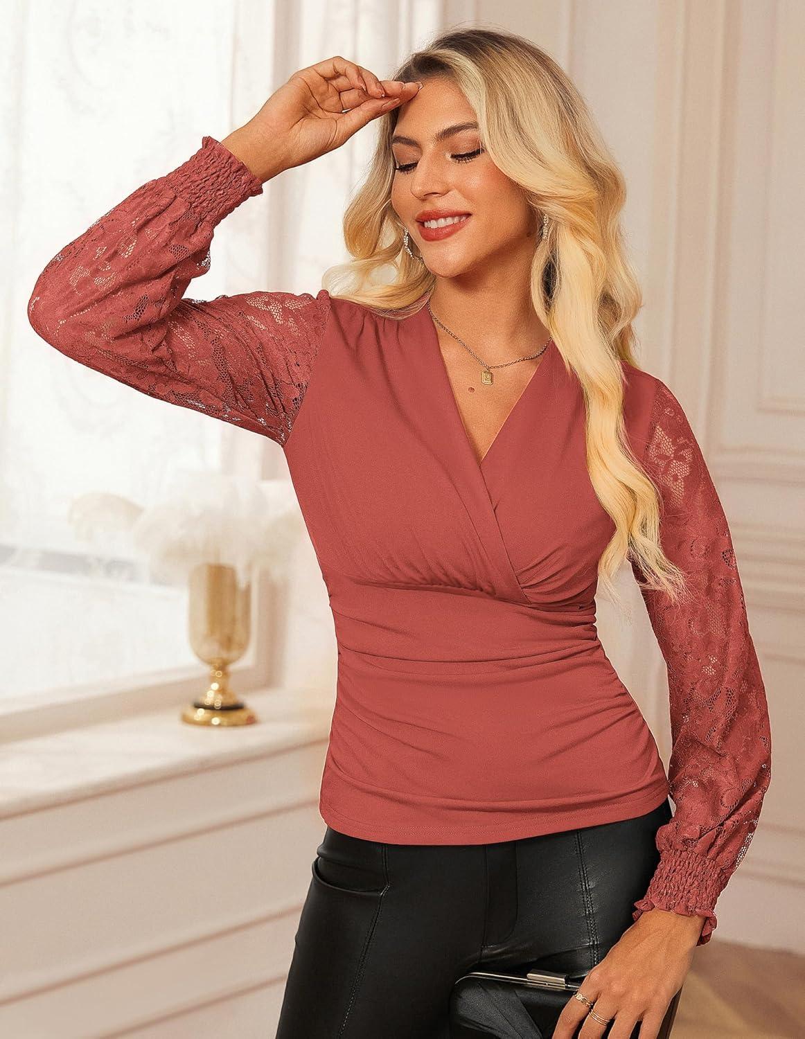 imageGRACE KARIN Womens Tops Dressy Casual Elegant Lace Sleeve Shirts Wrap Ruched Blouses 2026 Spring Fashion OutfitsCaramel Red